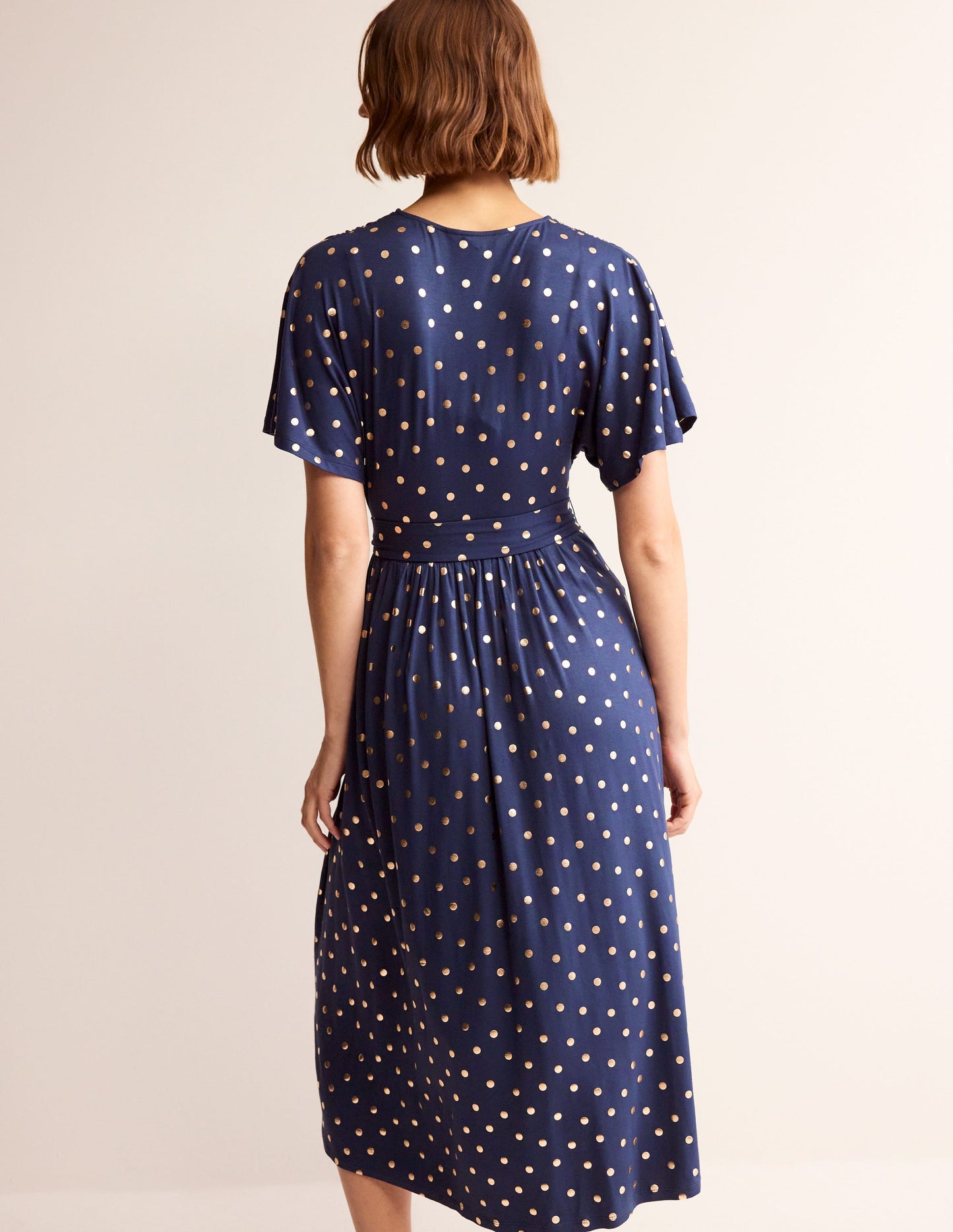 Kimono Wrap Jersey Midi Dress-Navy, Scattered Foil Spot