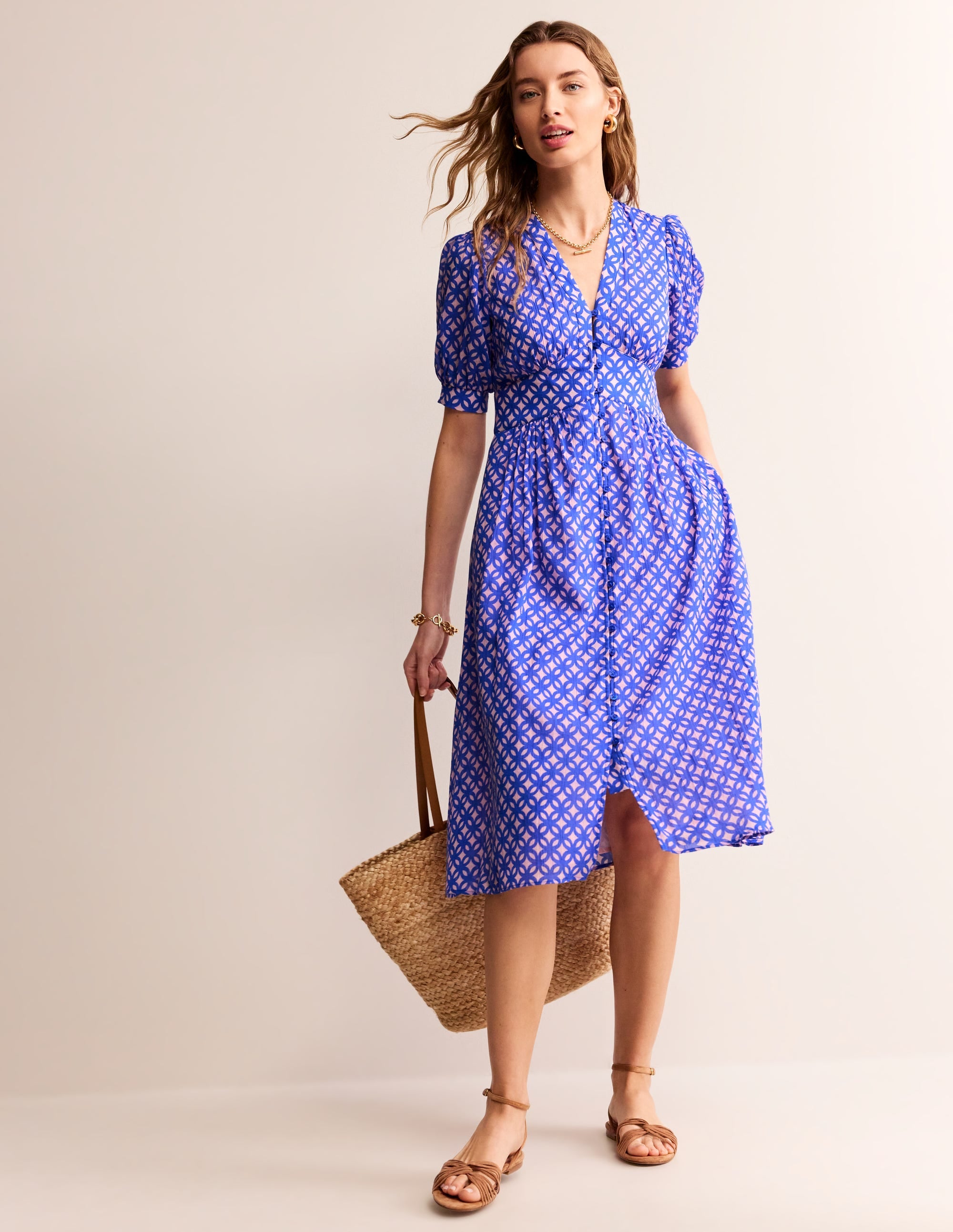 Elsa Crinkle Midi Tea Dress-Sweet Lilac, Trellis Geo - Image 6