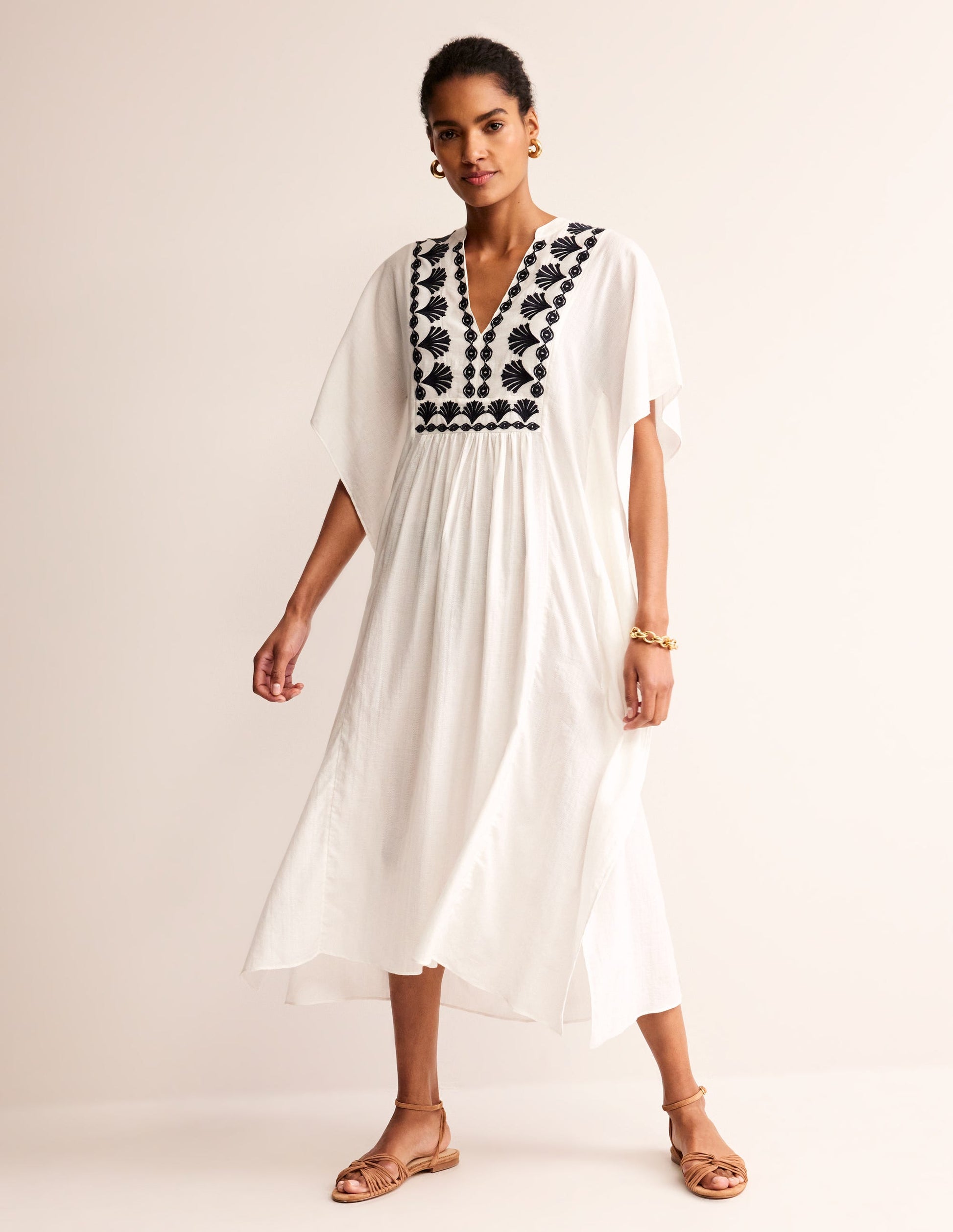 Embroidered V-Neck Kaftan-Ivory-4