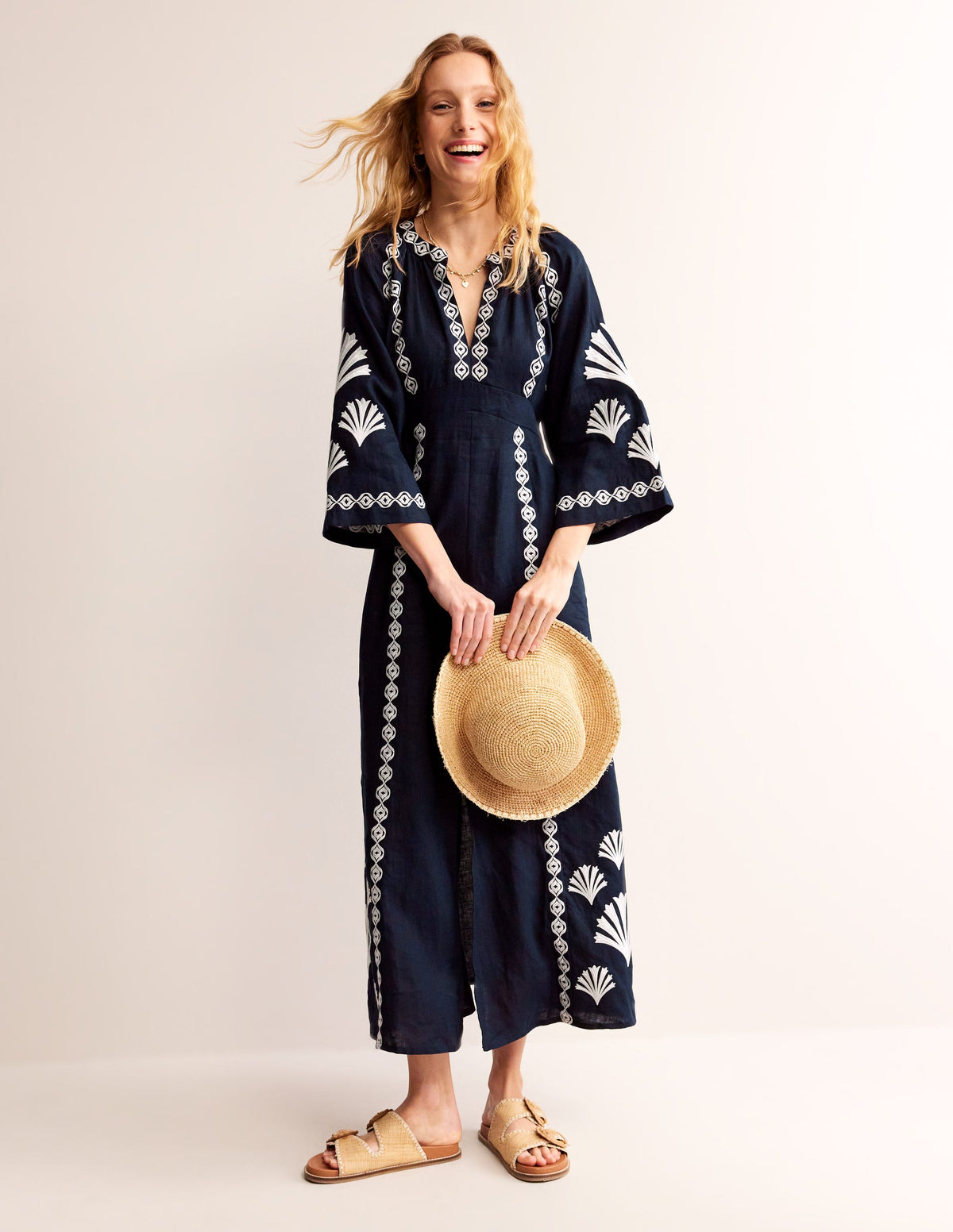 Una Linen Midi Dress-Navy-1