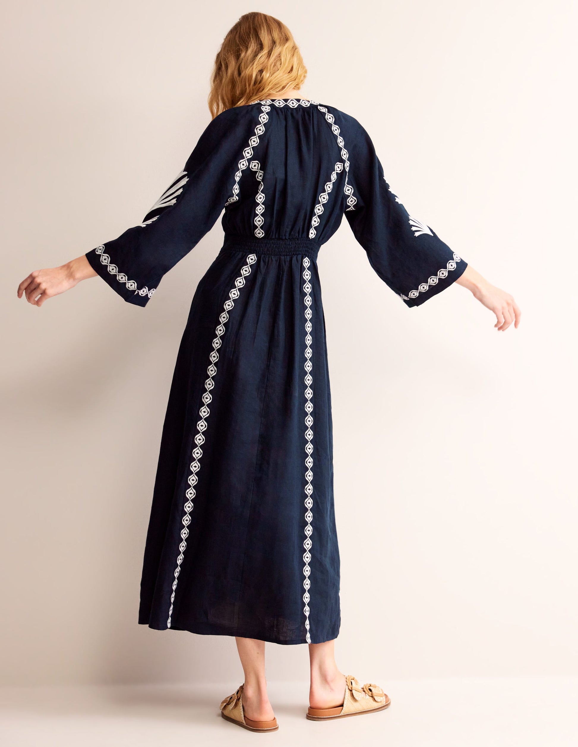 Una Linen Midi Dress-Navy-3