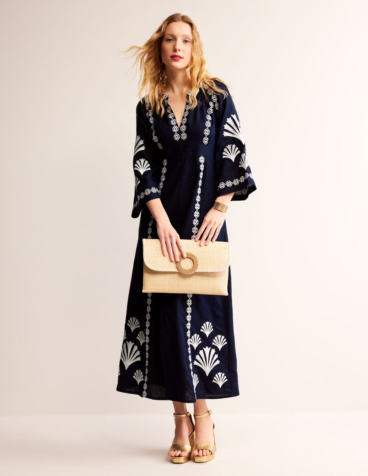 Una Linen Midi Dress-Navy-5