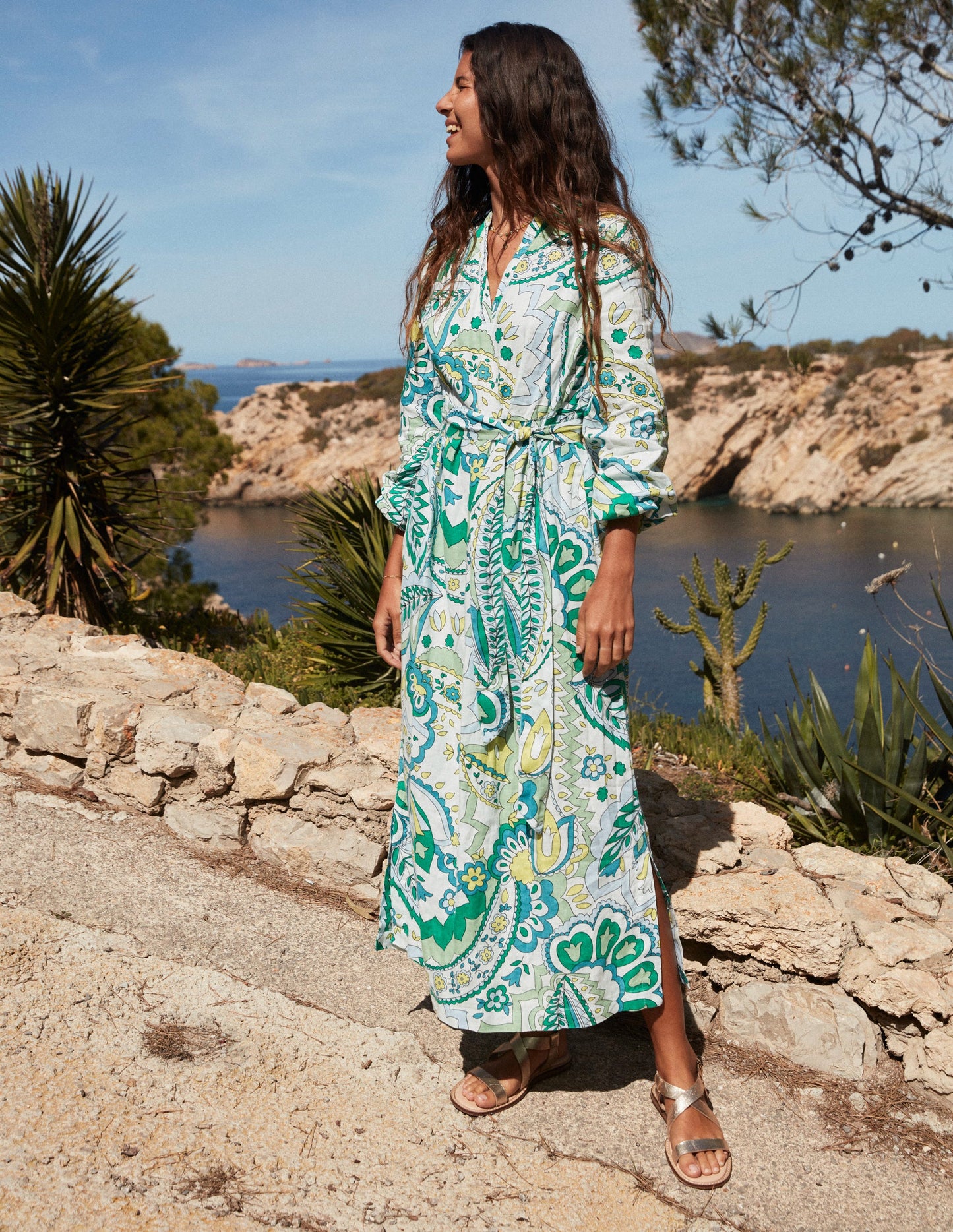 Linen Maxi Notch Neck Dress-Emerald, Foliage Paisley