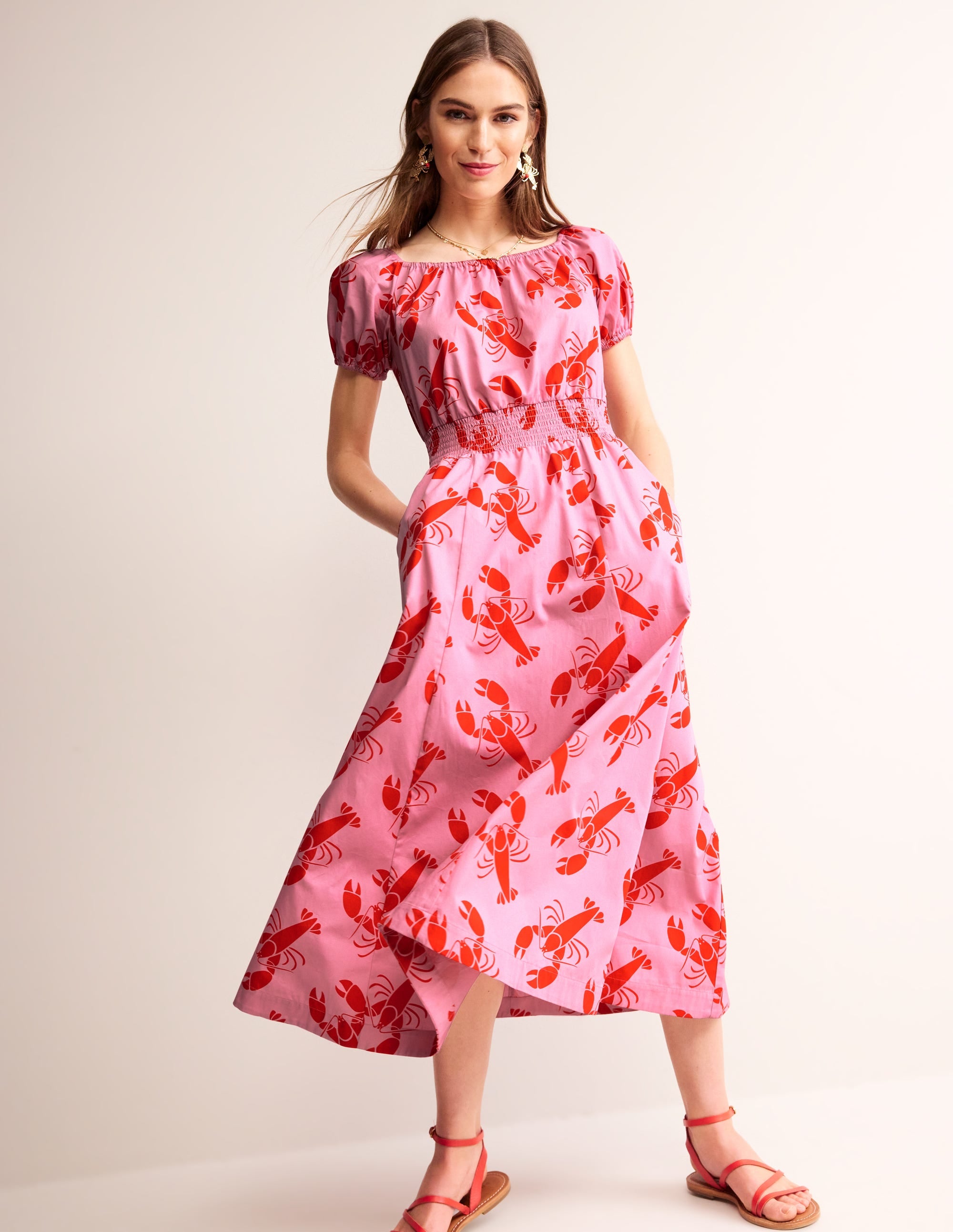 Amber Shirred Waist Dress-Cashmere Rose, Lobster - Image 1