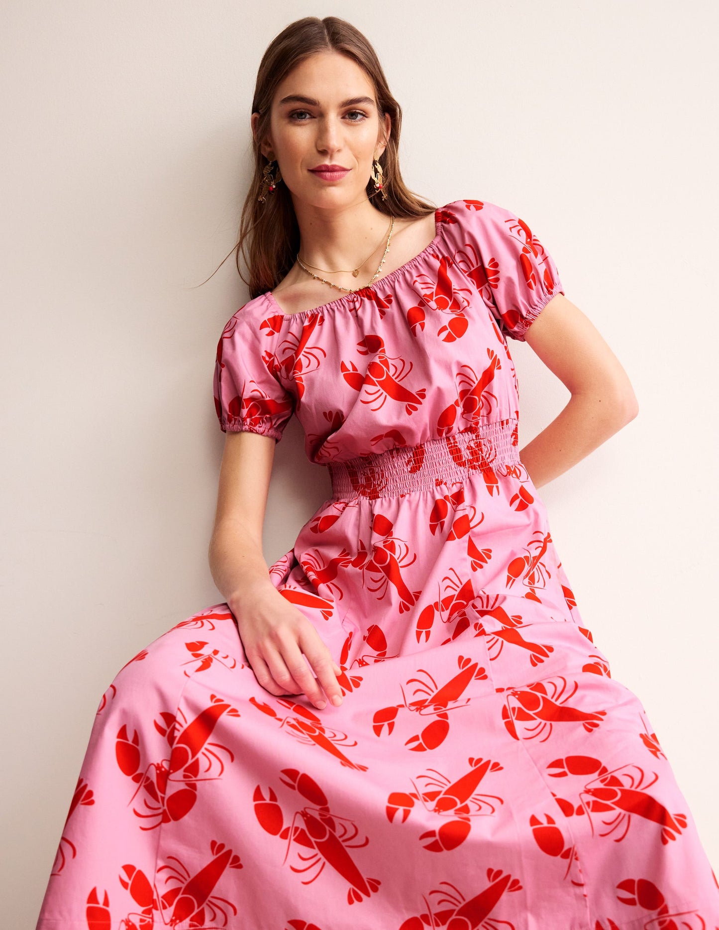 Amber Shirred Waist Dress-Cashmere Rose, Lobster