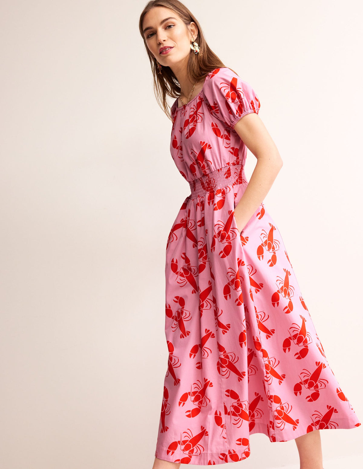 Amber Shirred Waist Dress-Cashmere Rose, Lobster - Image 4