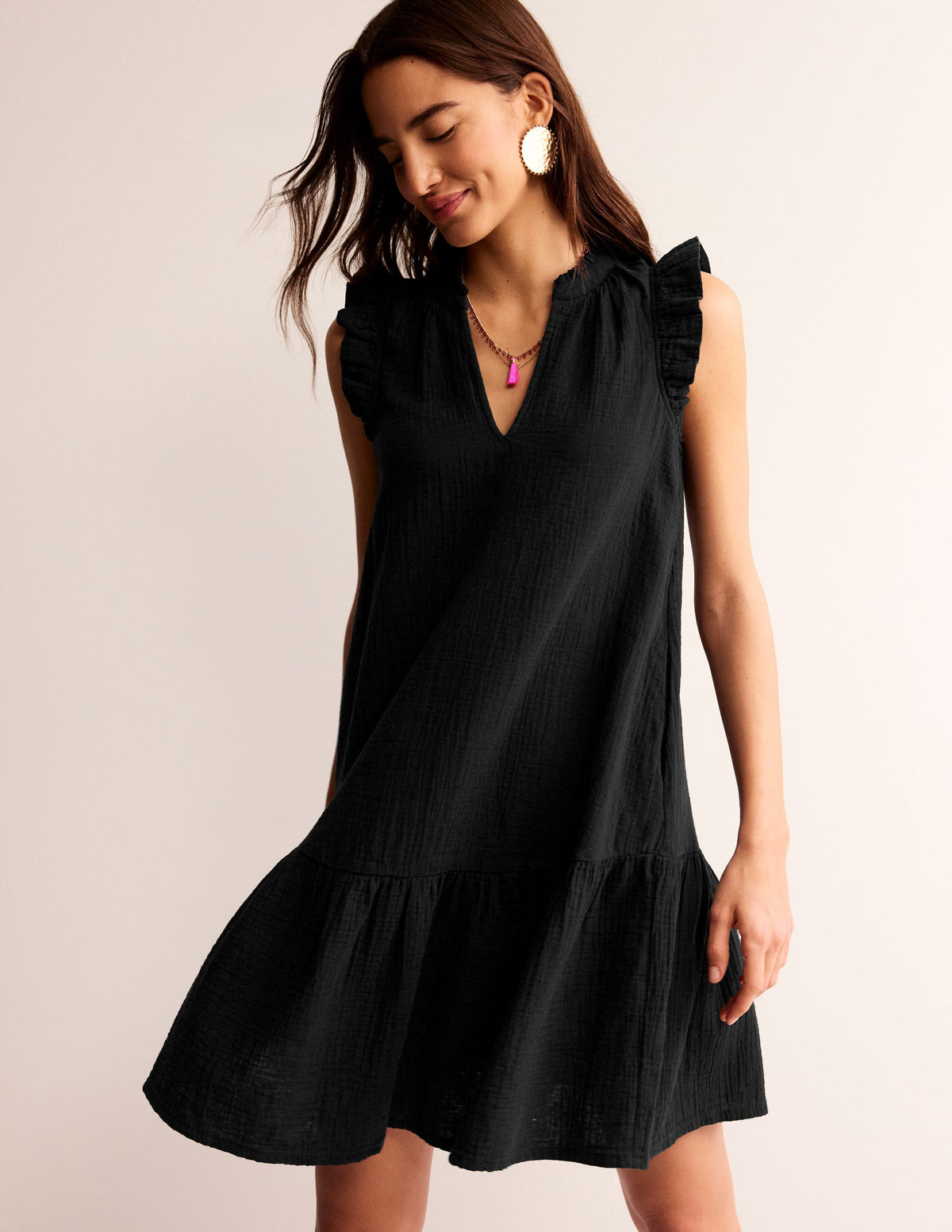 Daisy Double Cloth Short Dress-Black - Image 1