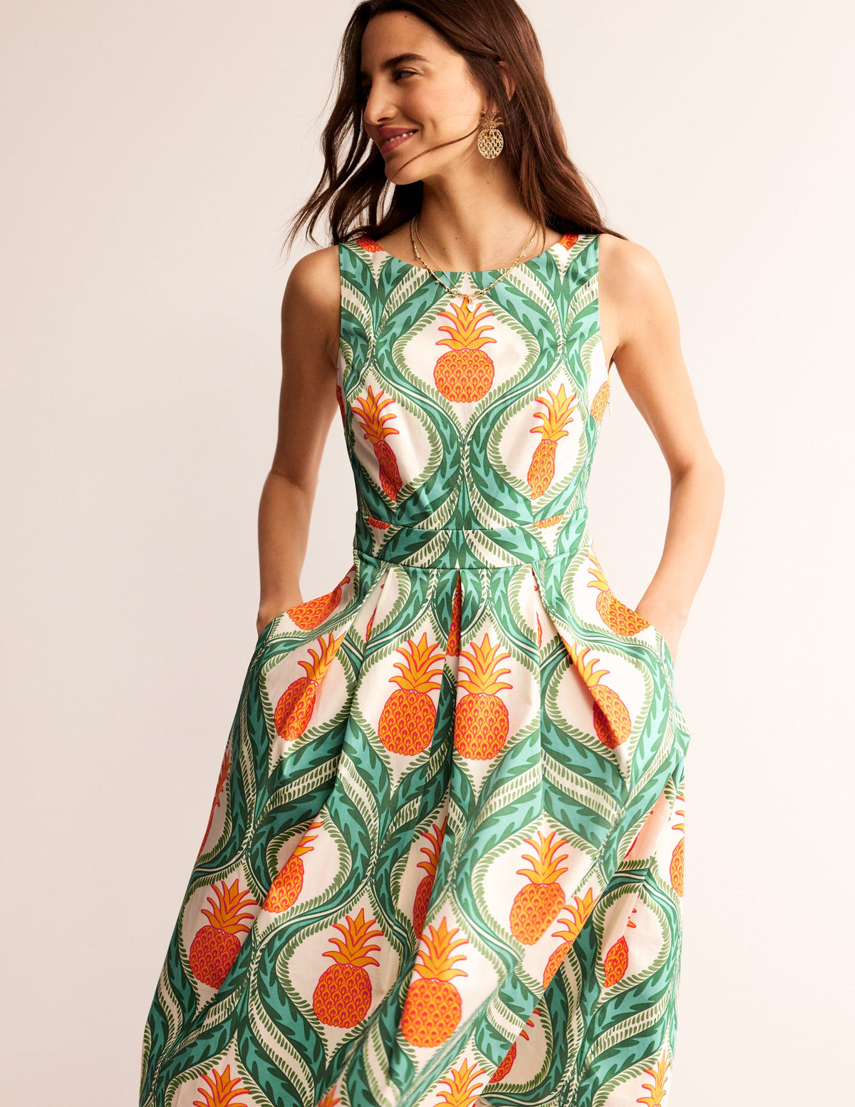 Sleeveless Pleat Midi Dress-Green Tambourine, Pineapple-1