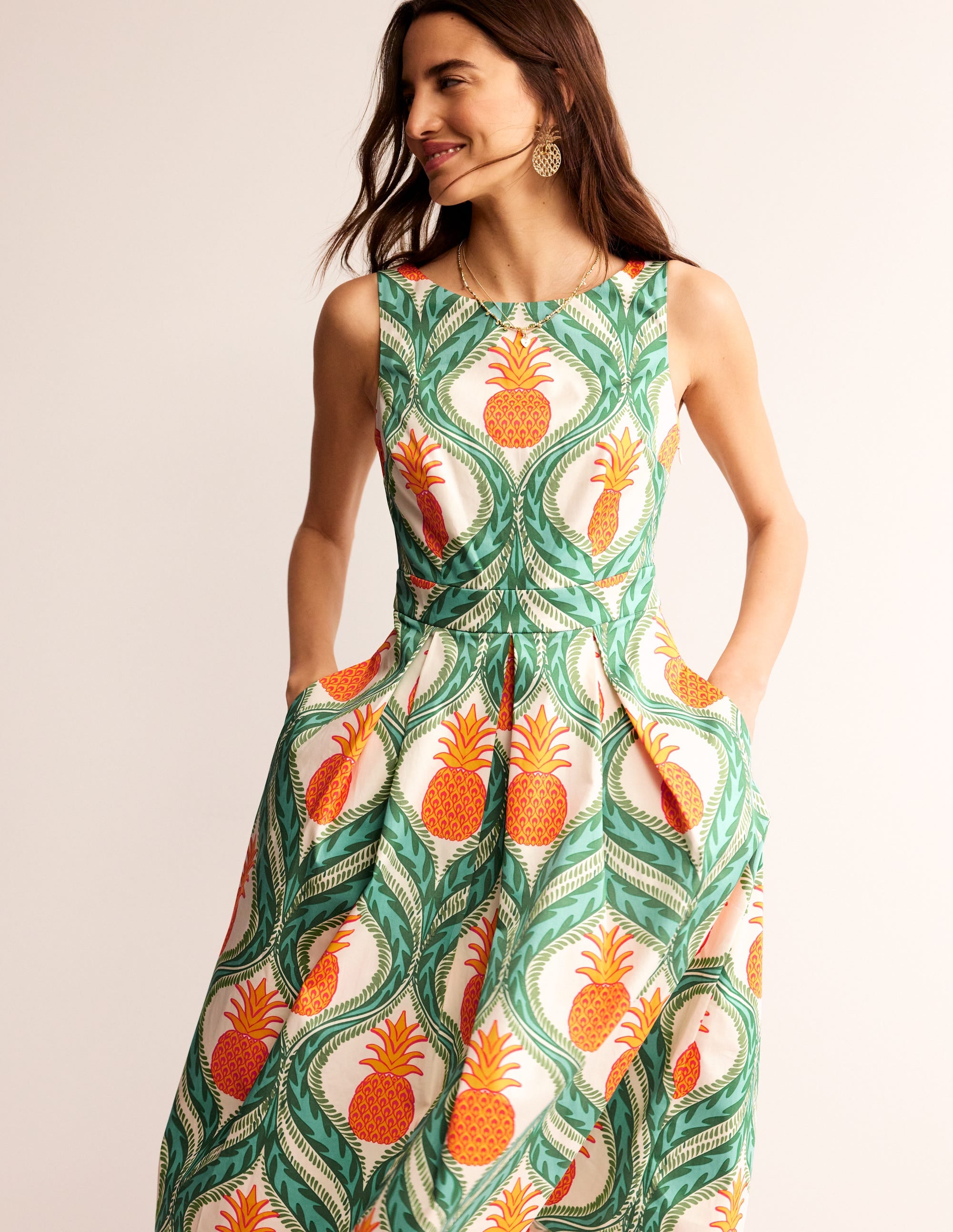 Sleeveless Pleat Midi Dress-Green Tambourine, Pineapple - Image 1