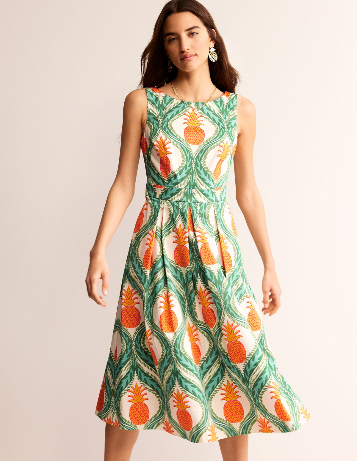 Sleeveless Pleat Midi Dress-Green Tambourine, Pineapple-2