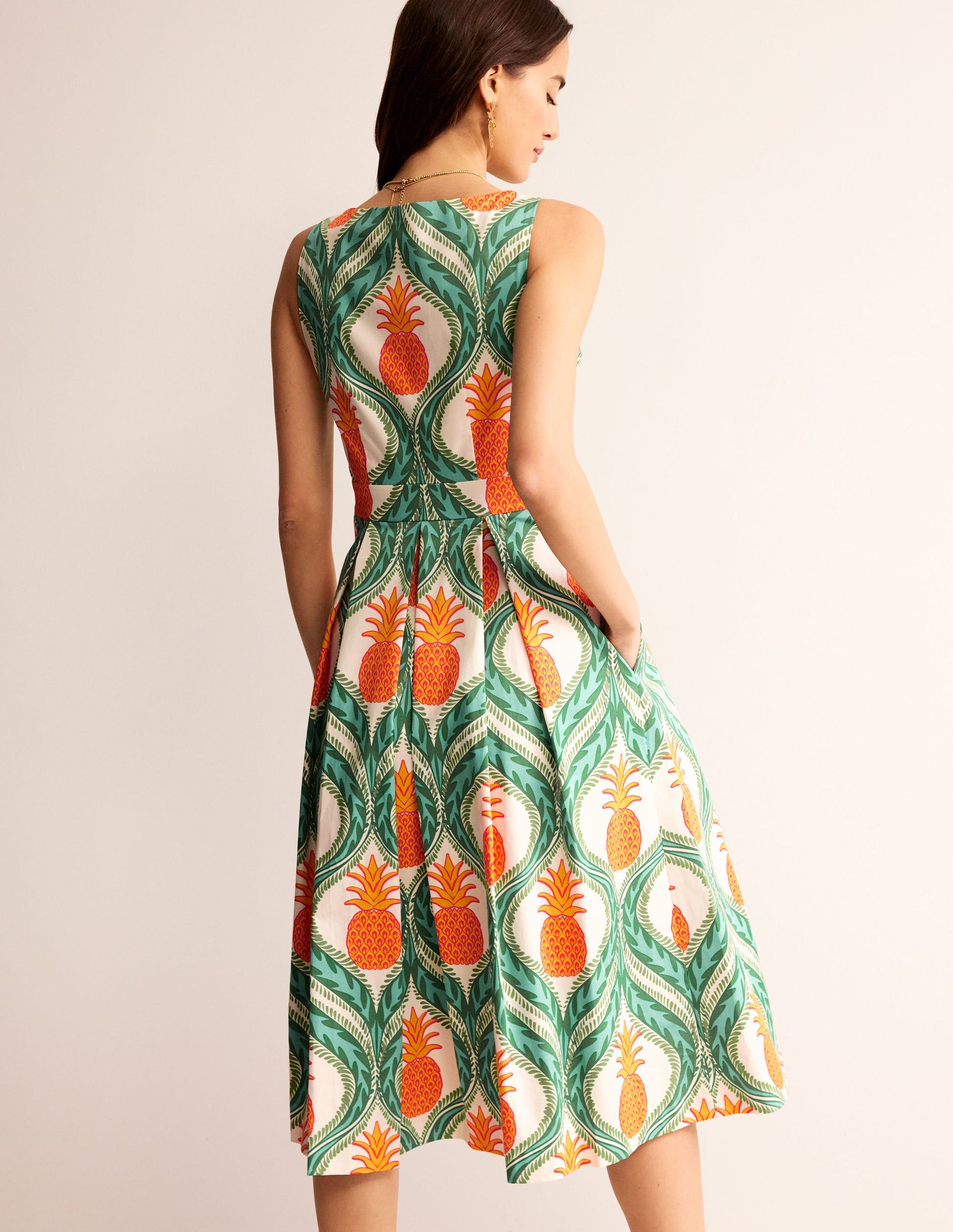 Sleeveless Pleat Midi Dress-Green Tambourine, Pineapple-4