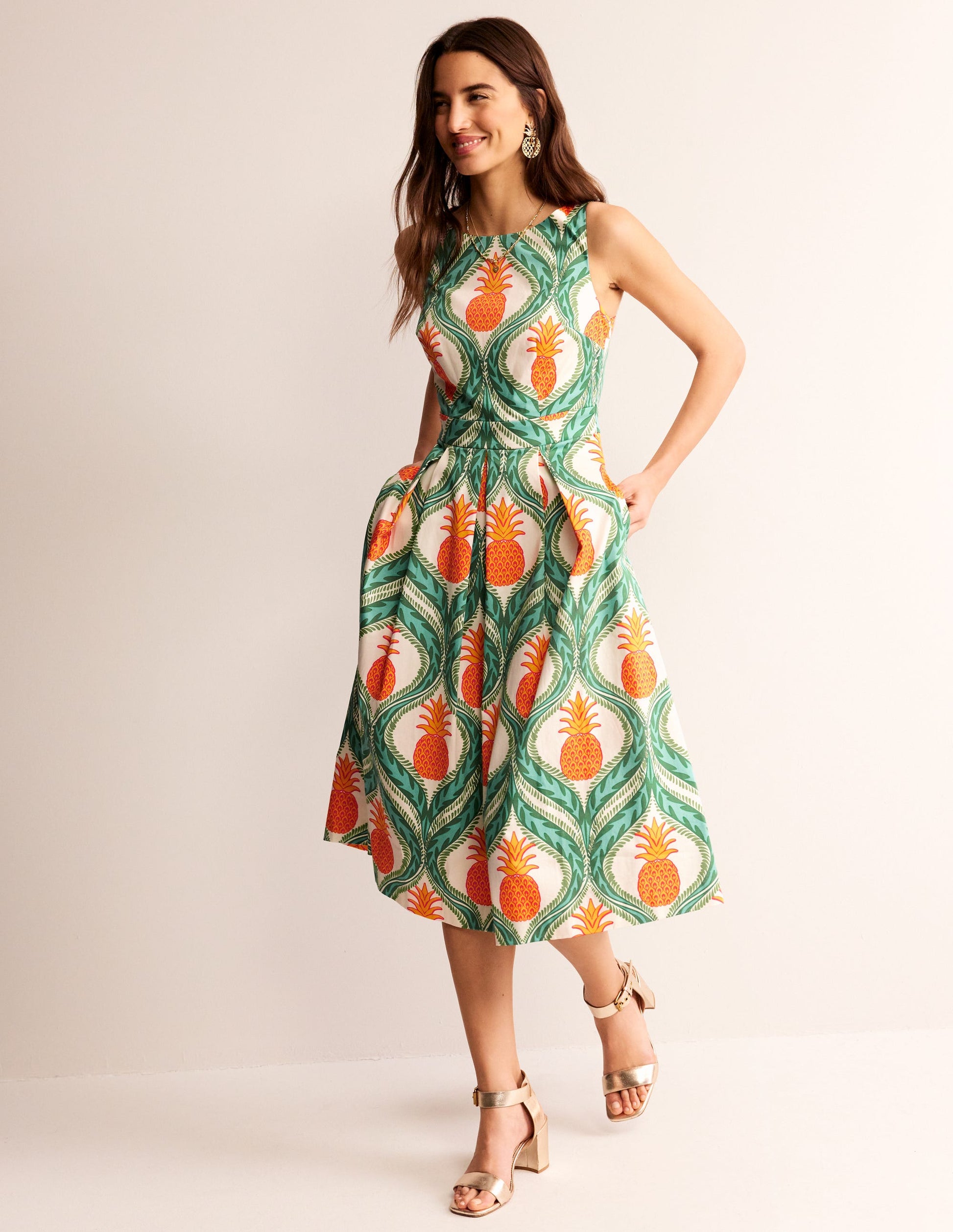 Sleeveless Pleat Midi Dress-Green Tambourine, Pineapple-5