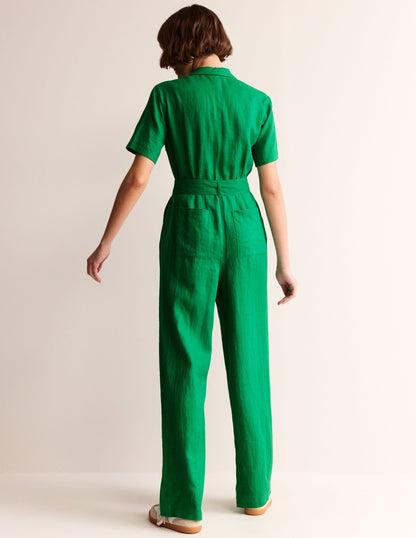 Belted Linen Jumpsuit-Green Tambourine