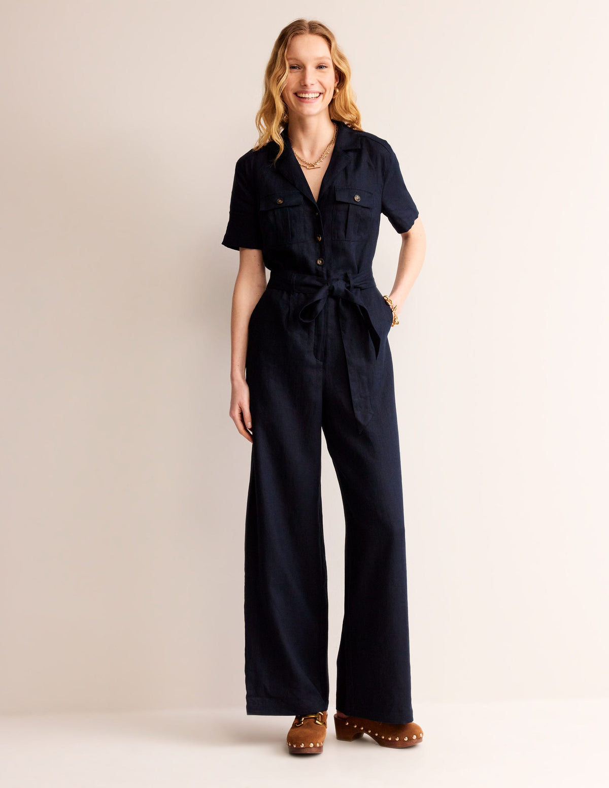 Belted Linen Jumpsuit-Navy - Image 2