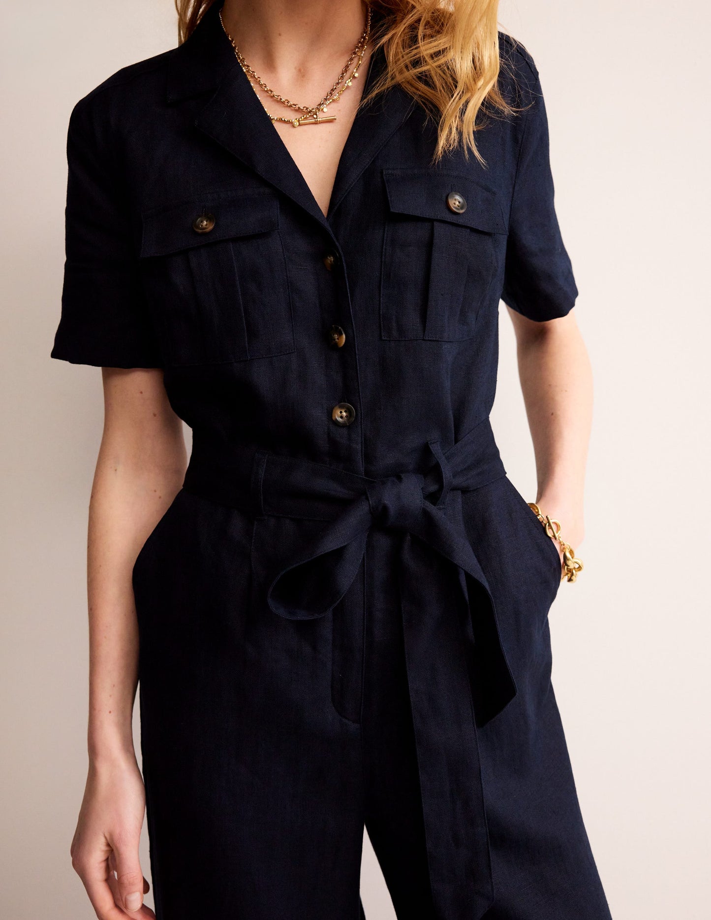 Belted Linen Jumpsuit-Navy