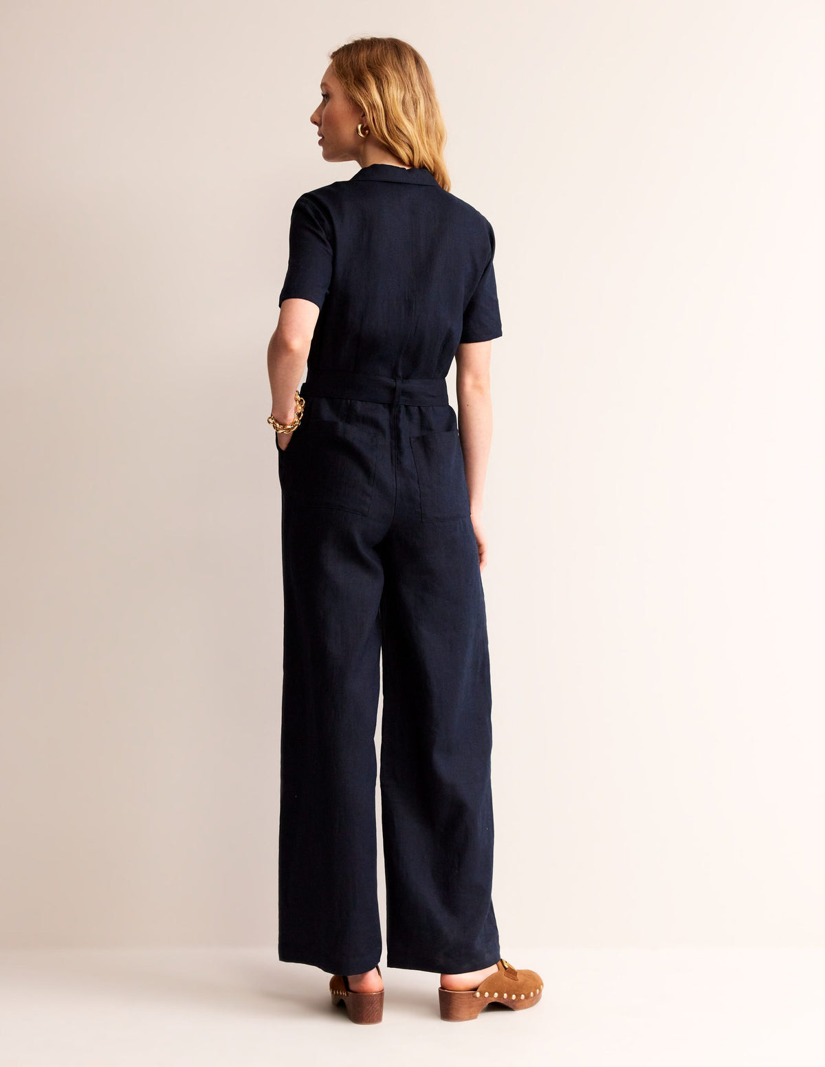 Belted Linen Jumpsuit-Navy - Image 4