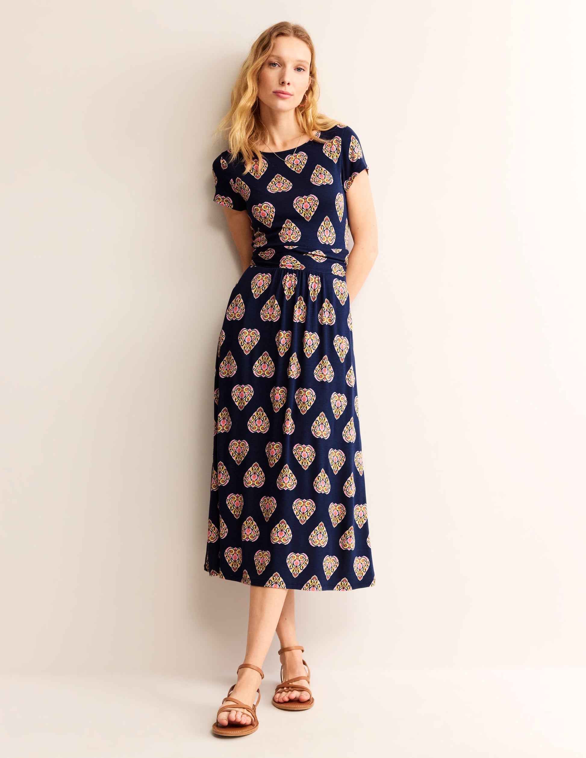 Amelie Jersey Midi Dress-French Navy, Flora Stamp-2