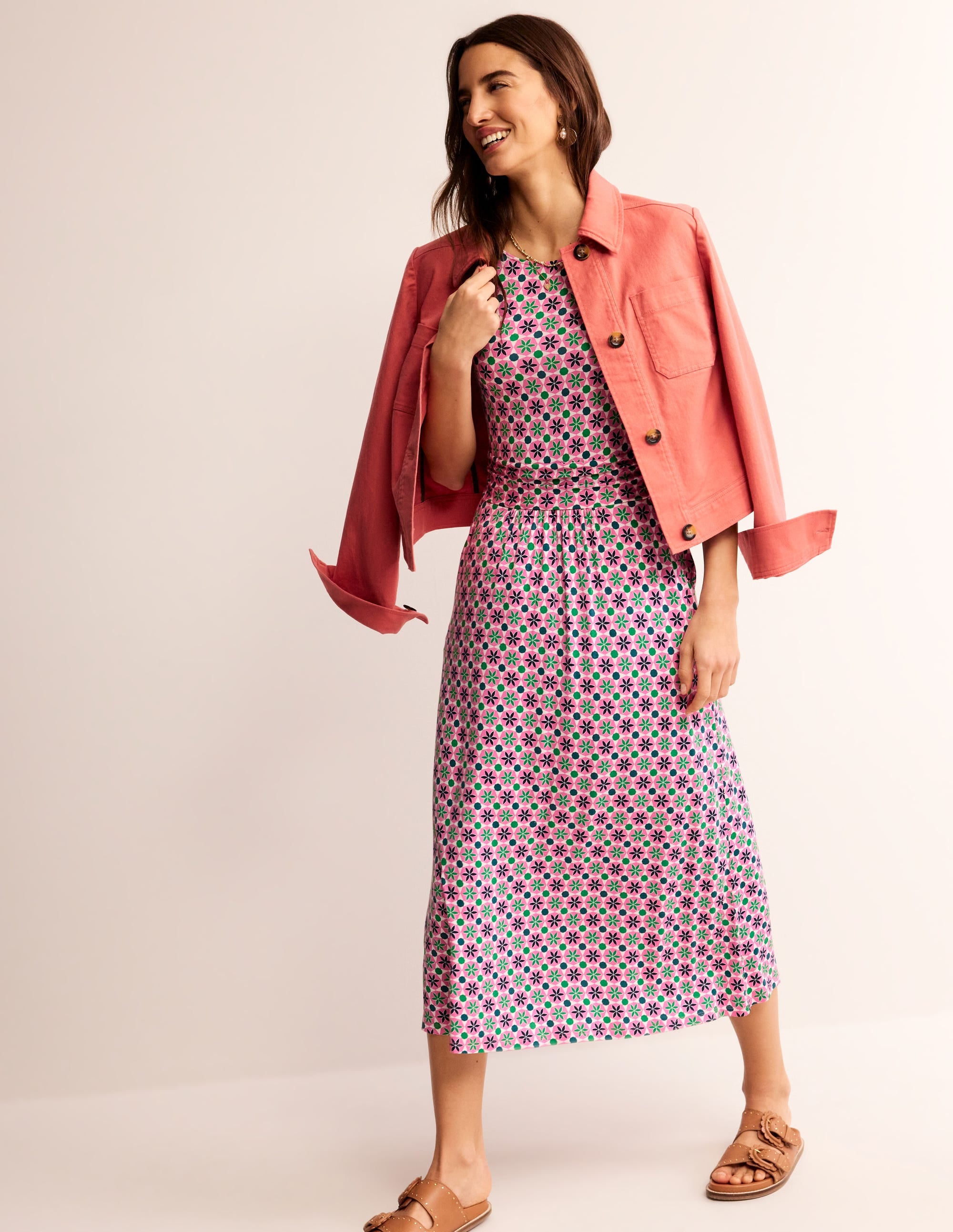 Amelie Jersey Midi Dress-Pink Power, Botanic Tile - Image 1