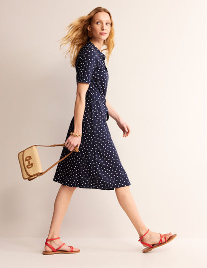 Julia Short Sleeve Shirt Dress-Navy, Scattered Brand Spot