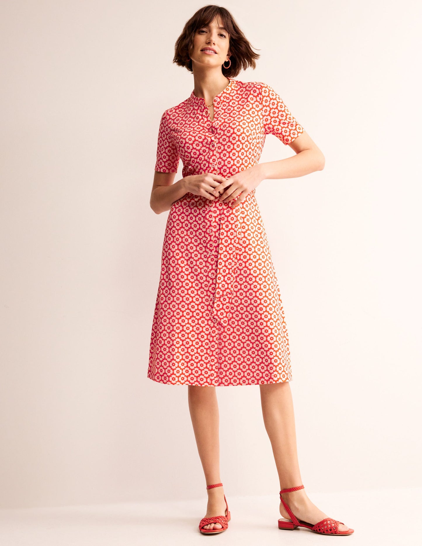 Julia Short Sleeve Shirt Dress-Flame Scarlet, Primrose Stamp