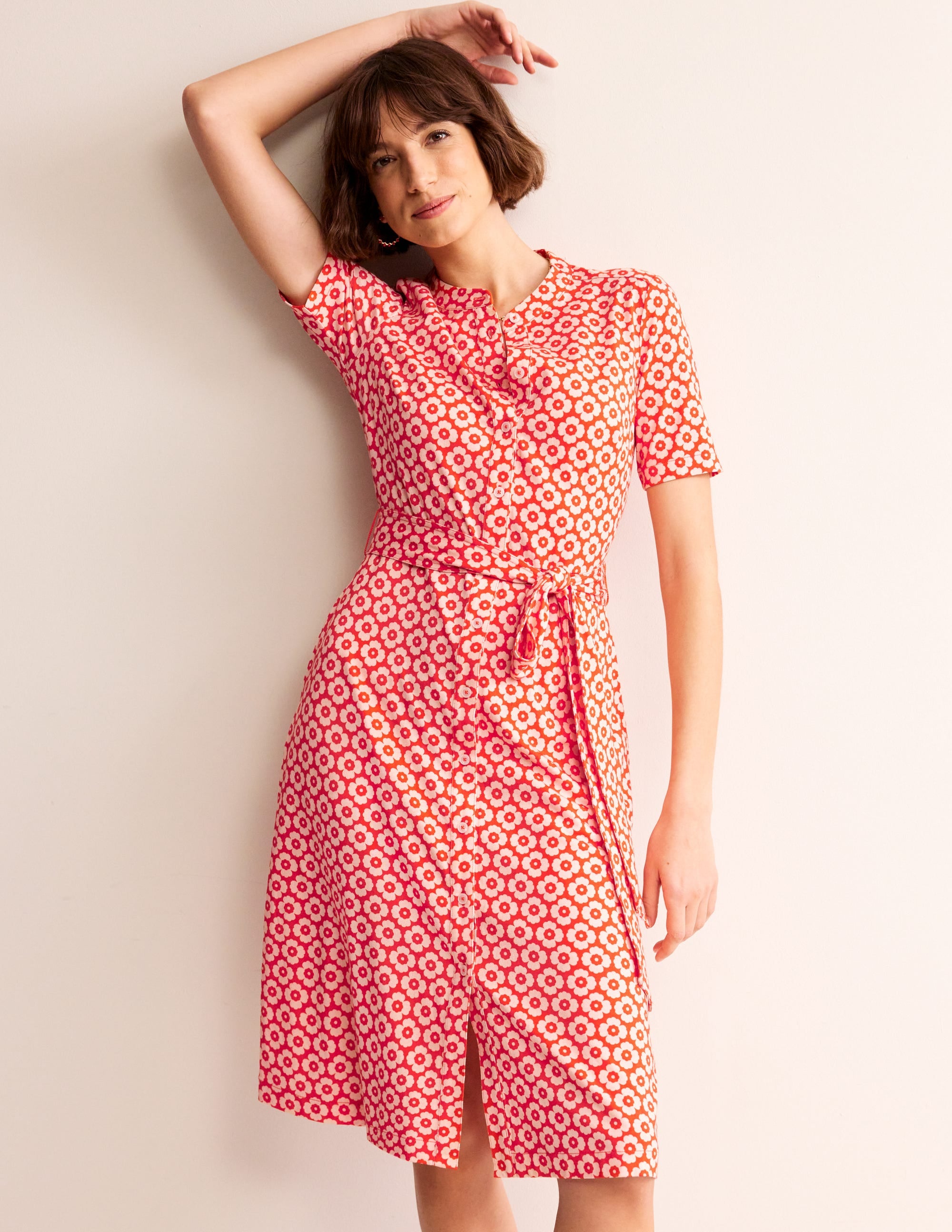 Julia Short Sleeve Shirt Dress-Flame Scarlet, Primrose Stamp - Image 4