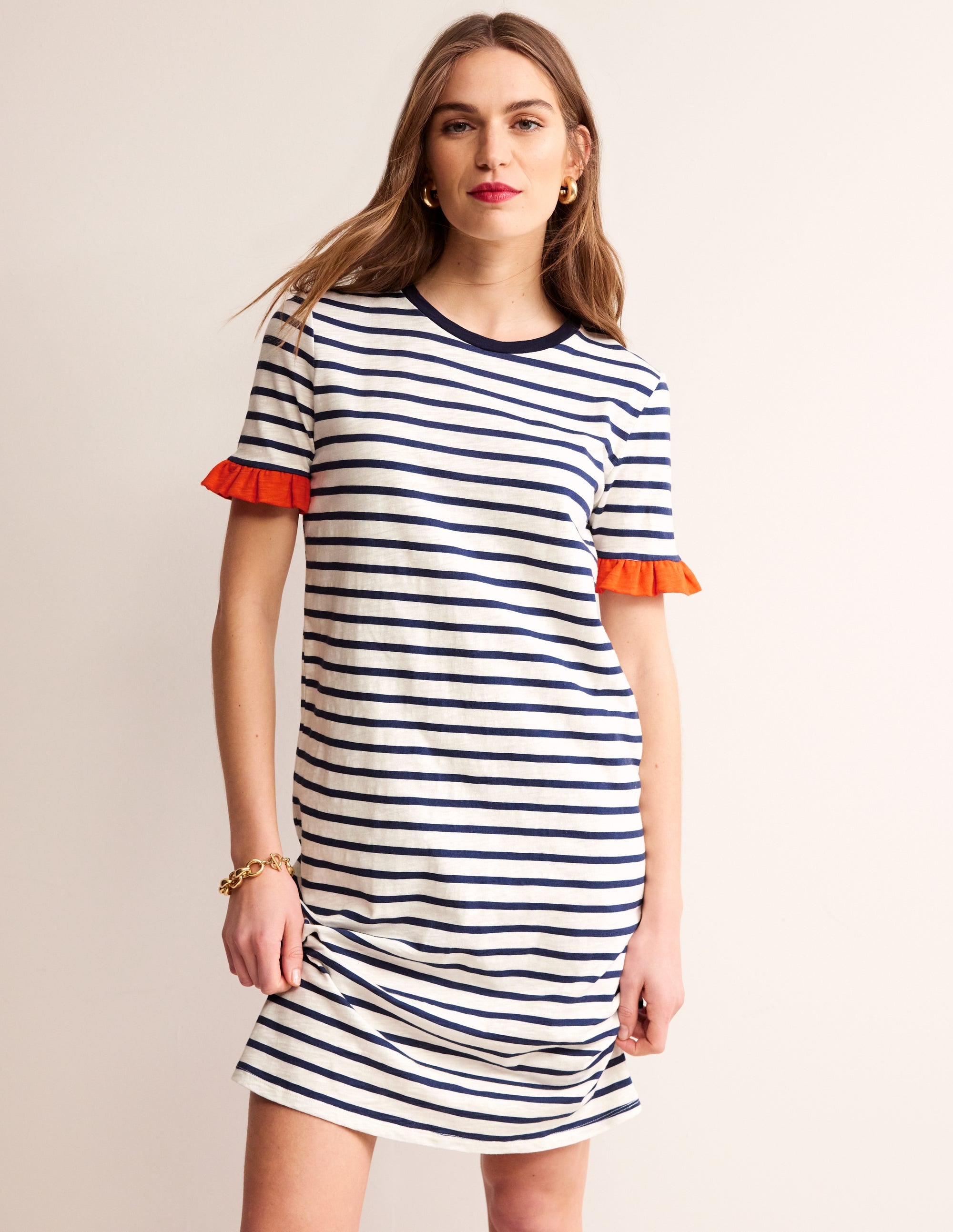 Emily Ruffle Cotton Dress-Ivory, Navy Stripe - Image 1