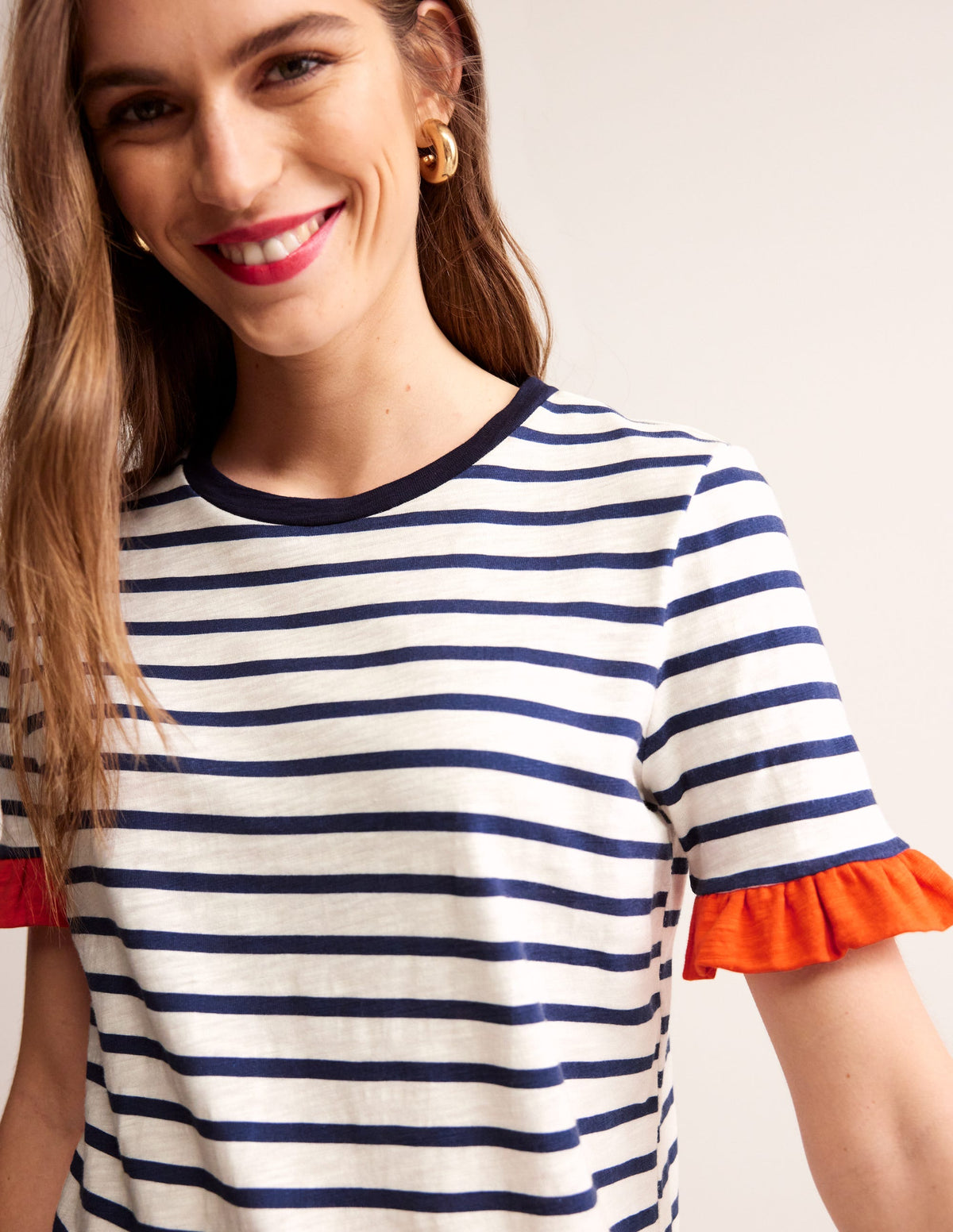 Emily Ruffle Cotton Dress-Ivory, Navy Stripe - Image 2