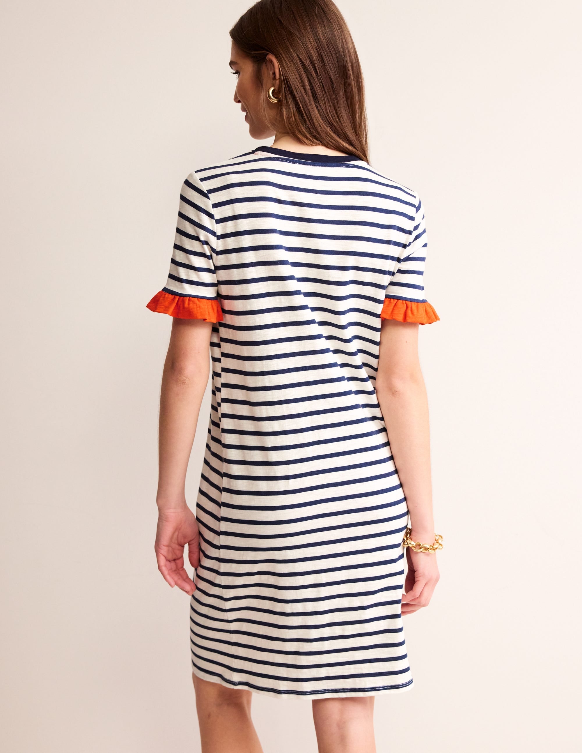 Emily Ruffle Cotton Dress-Ivory, Navy Stripe - Image 3