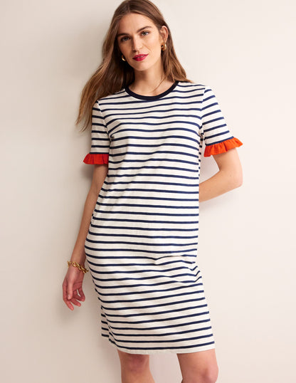 Emily Ruffle Cotton Dress-Ivory, Navy Stripe-4