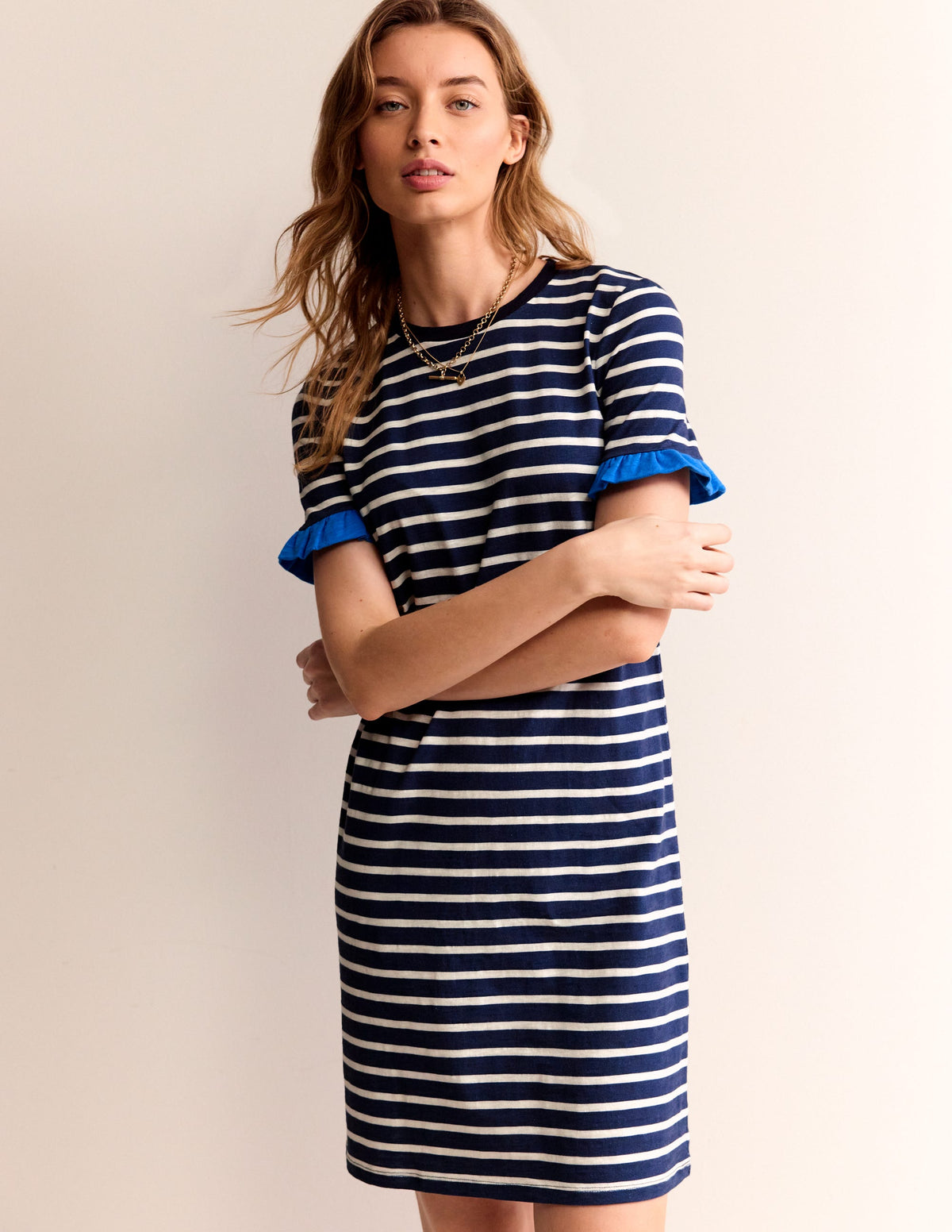 Emily Ruffle Cotton Dress-Navy, Ivory Stripe - Image 2