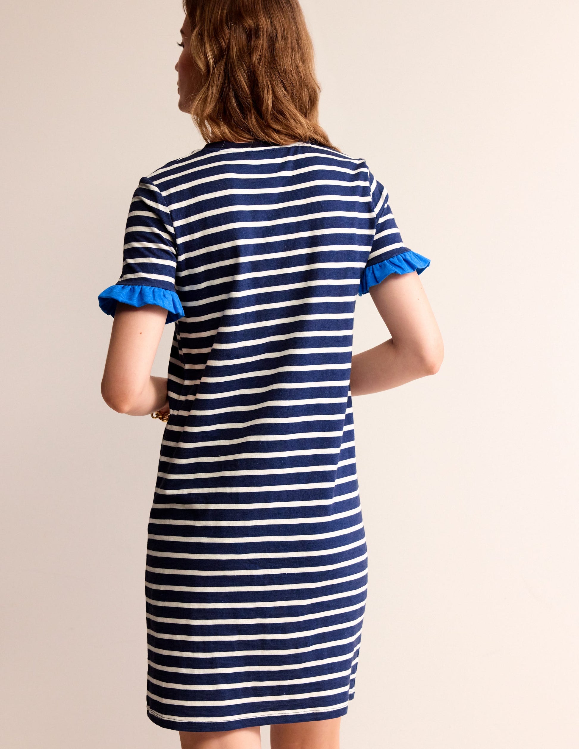 Emily Ruffle Cotton Dress-Navy, Ivory Stripe-3