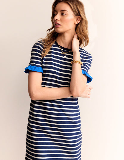 Emily Ruffle Cotton Dress-Navy, Ivory Stripe-4