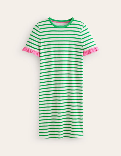 Emily Ruffle Cotton Dress-Ivory, Green Stripe-5