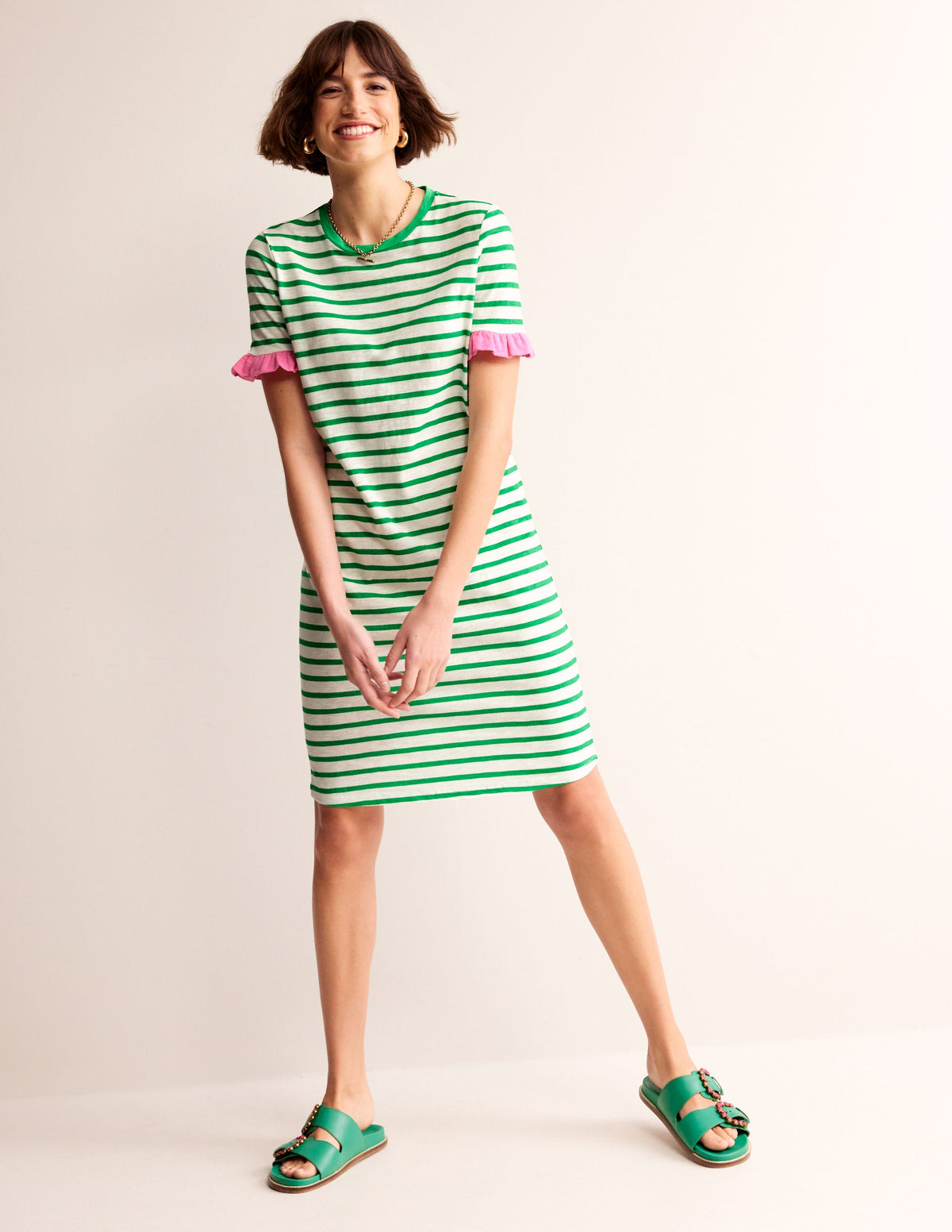 Emily Ruffle Cotton Dress-Ivory, Green Stripe - Image 1