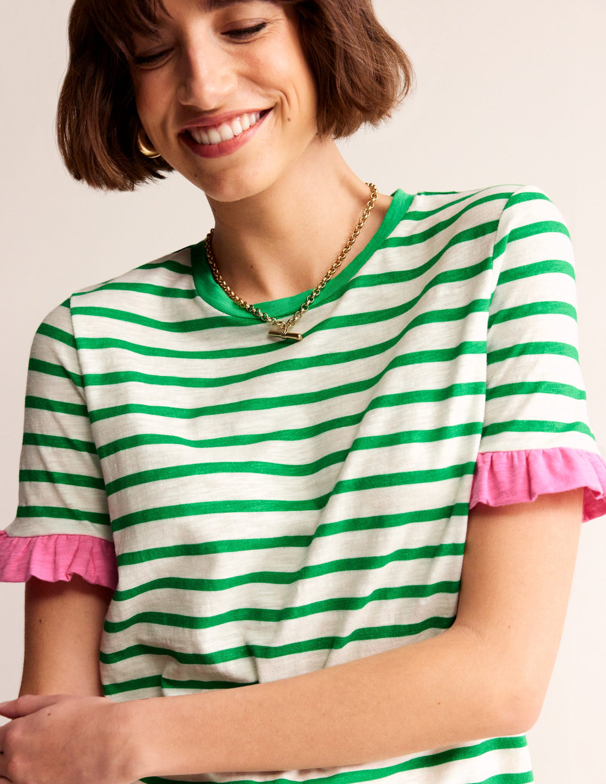 Emily Ruffle Cotton Dress-Ivory, Green Stripe - Image 2