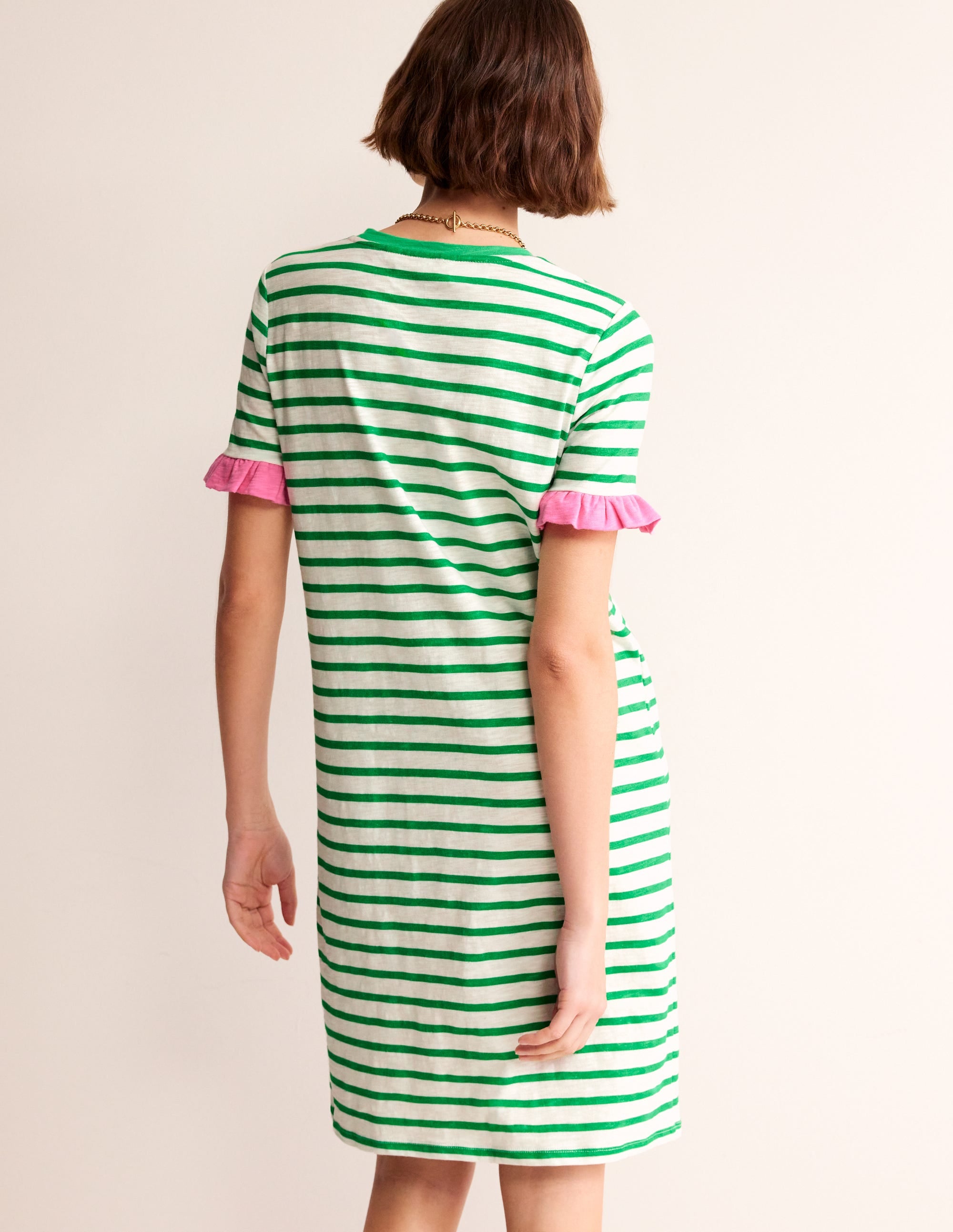 Emily Ruffle Cotton Dress-Ivory, Green Stripe - Image 3