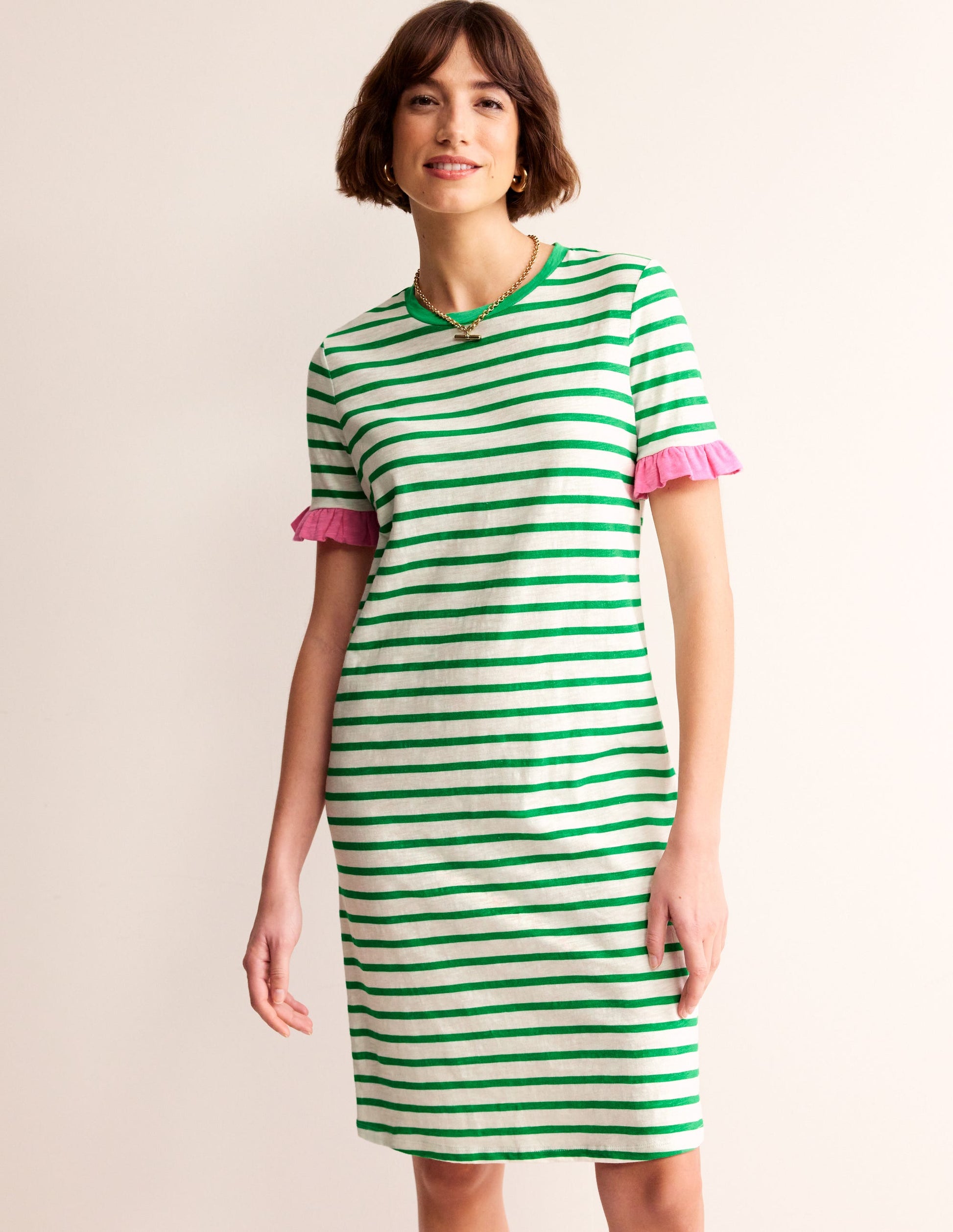 Emily Ruffle Cotton Dress-Ivory, Green Stripe-4