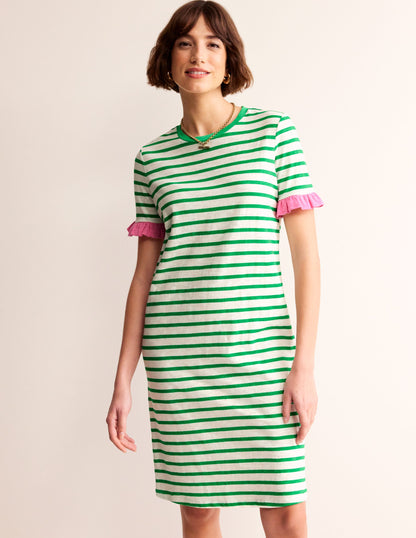 Emily Ruffle Cotton Dress-Ivory, Green Stripe-4