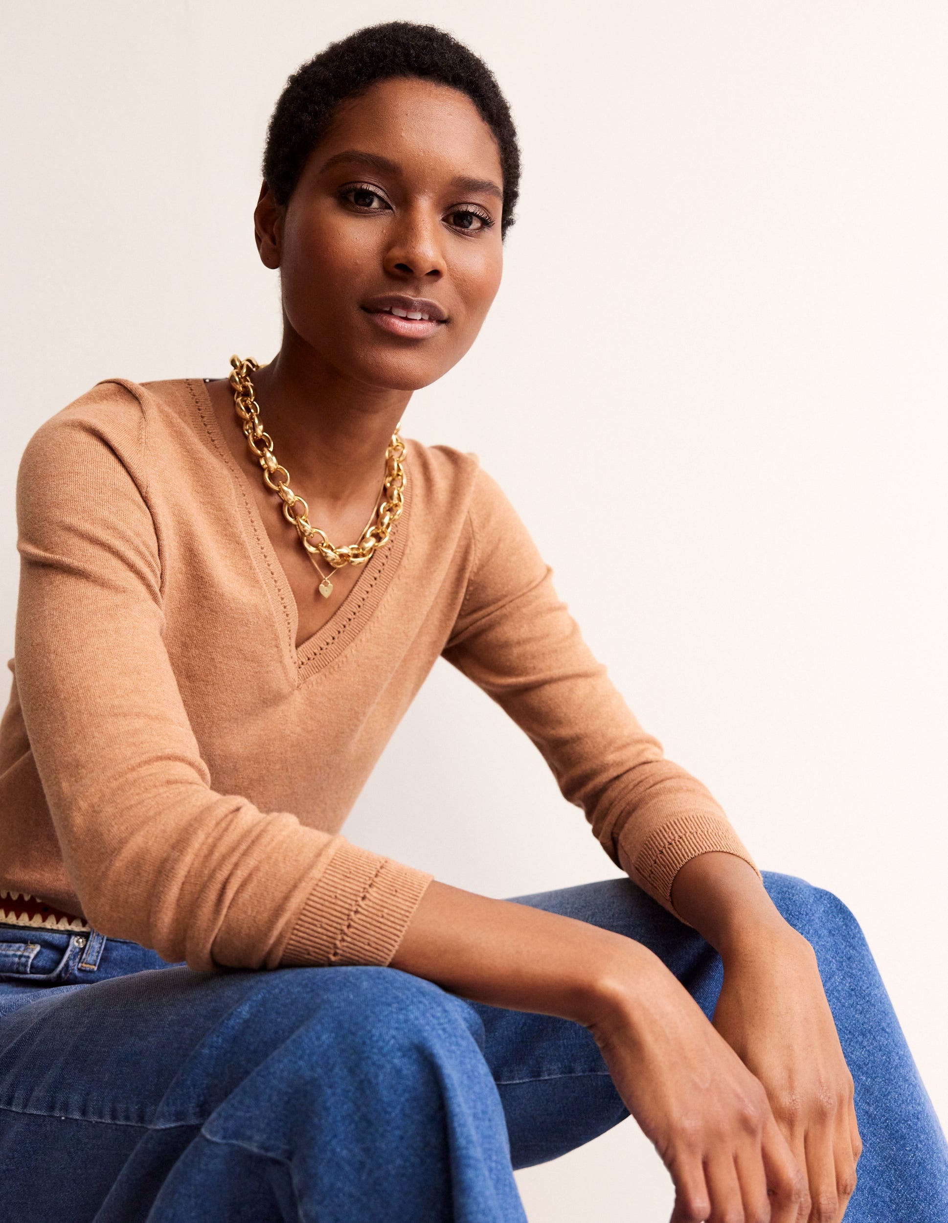 Catriona Cotton V-Neck Jumper-Camel Melange-1