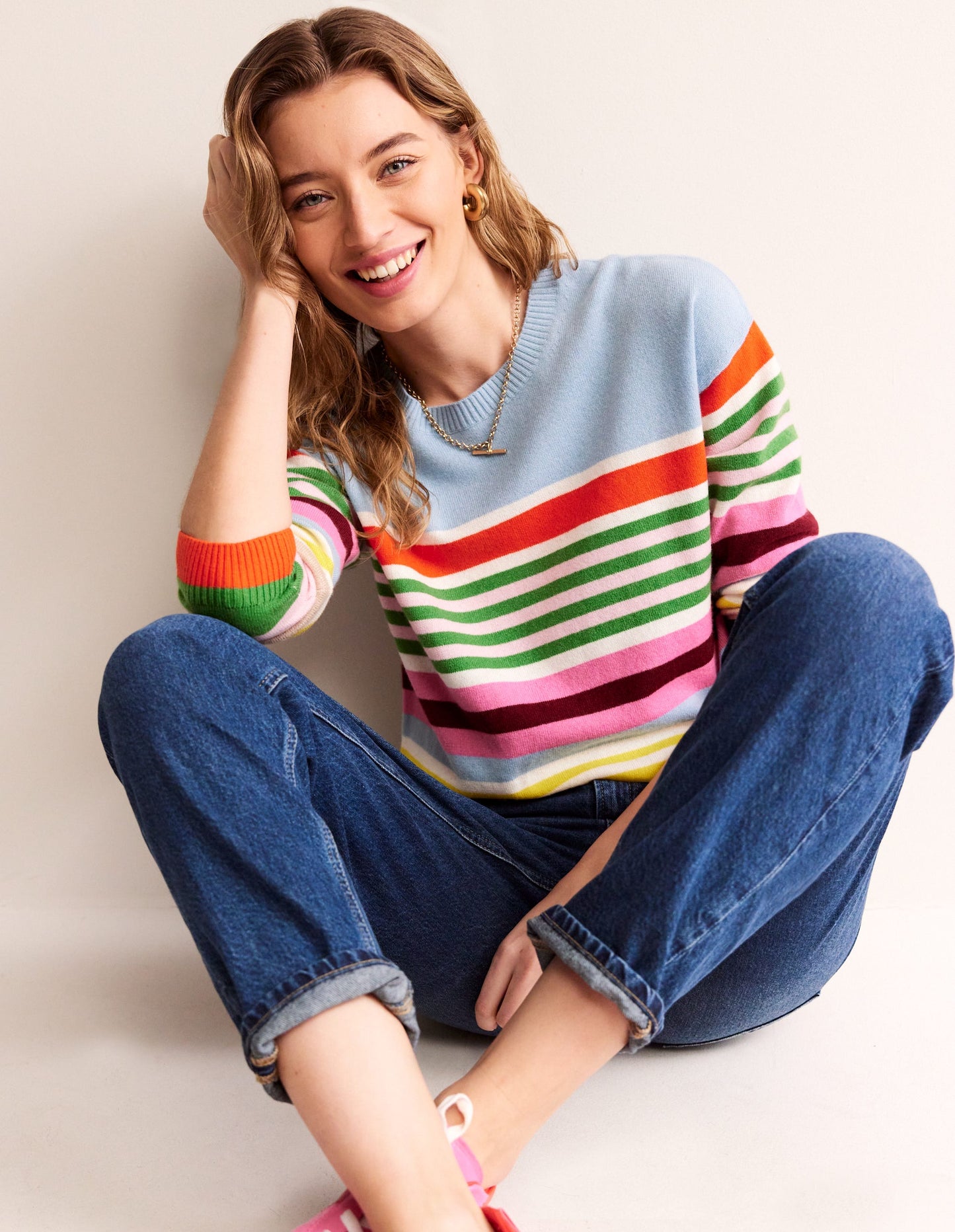 Lydia Cashmere Jumper-Light Blue, Orange Stripe