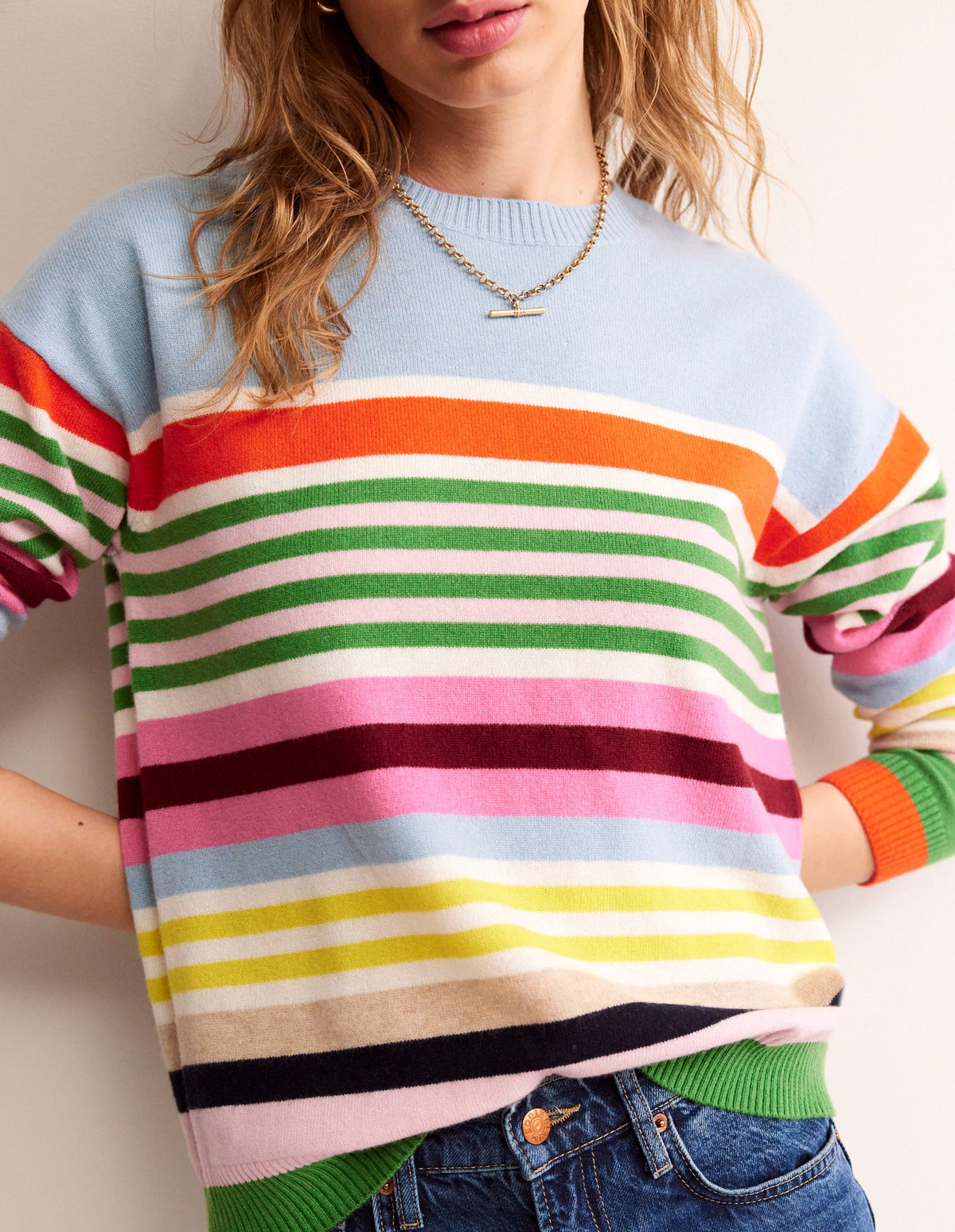 Lydia Cashmere Jumper-Light Blue, Orange Stripe - Image 2