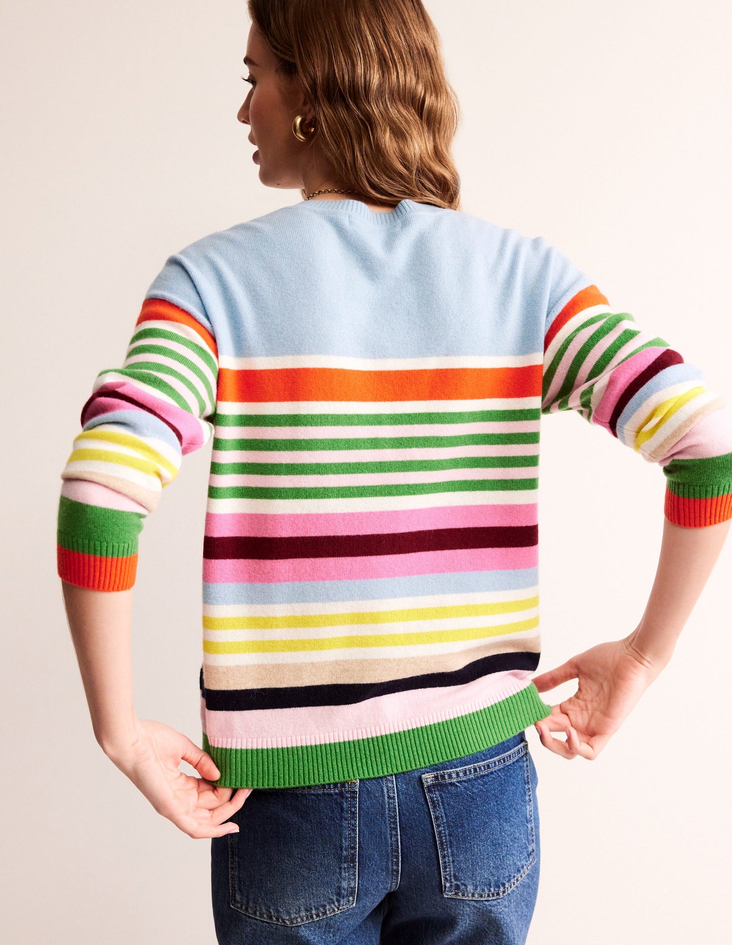 Lydia Cashmere Jumper-Light Blue, Orange Stripe