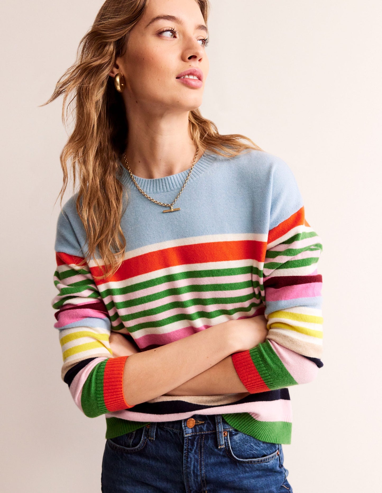 Lydia Cashmere Jumper-Light Blue, Orange Stripe