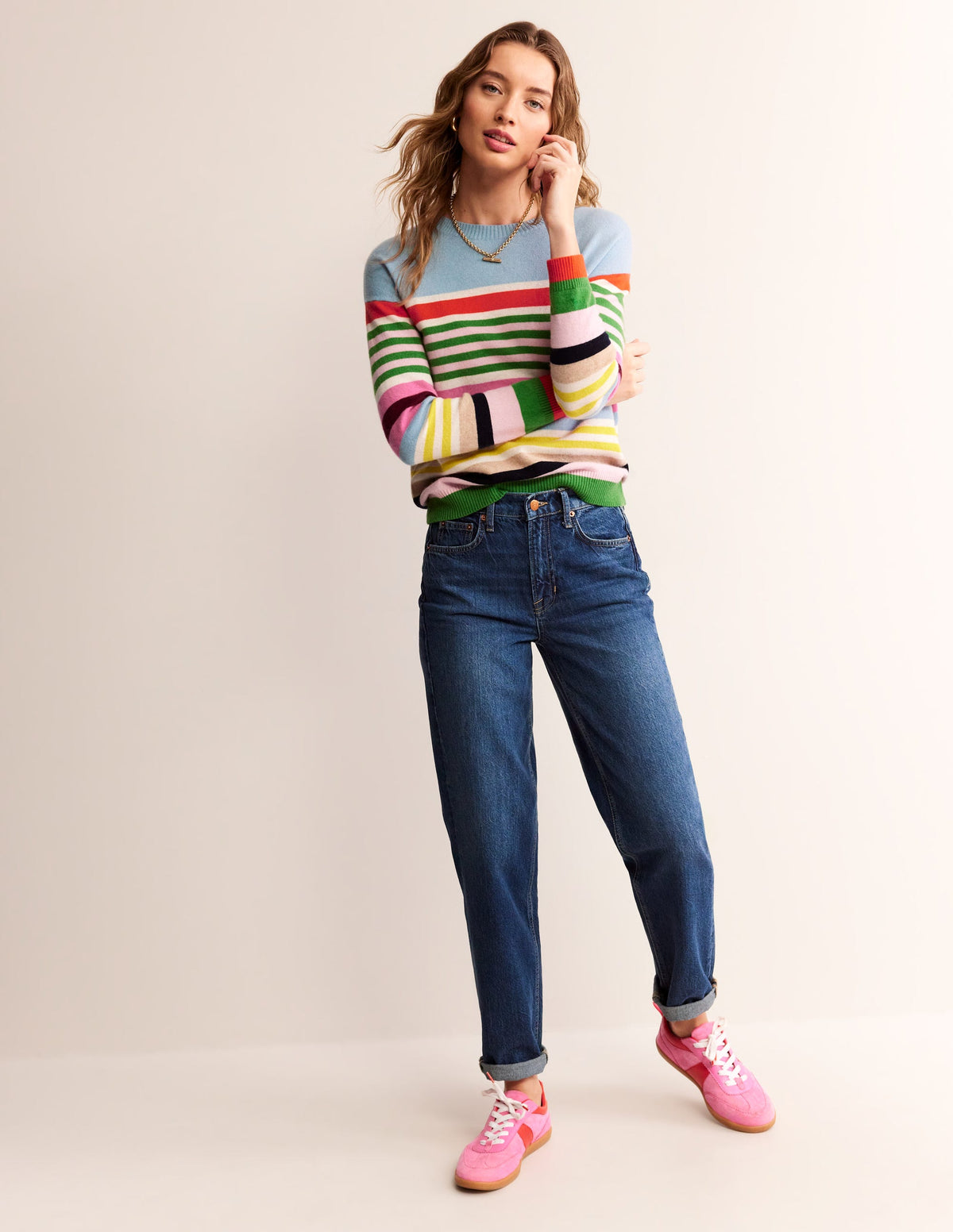 Lydia Cashmere Jumper-Light Blue, Orange Stripe - Image 5