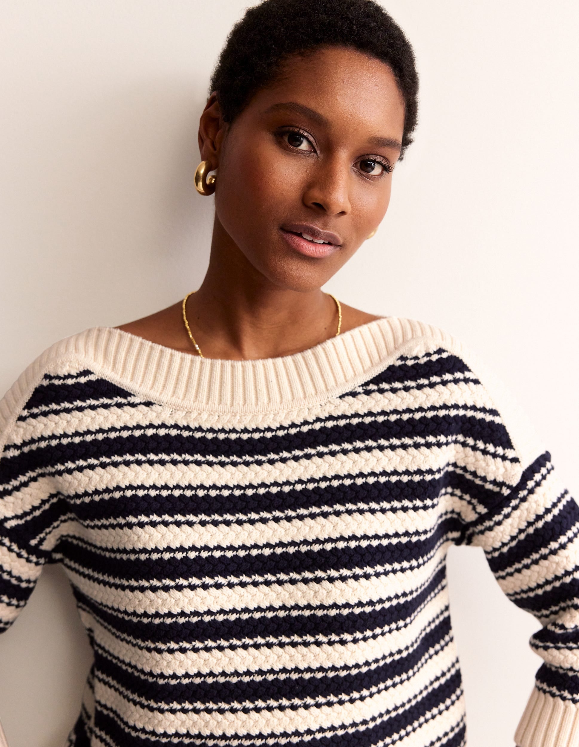 Textured Cotton Stripe Sweater-Navy, Ivory Textured Stripe-1