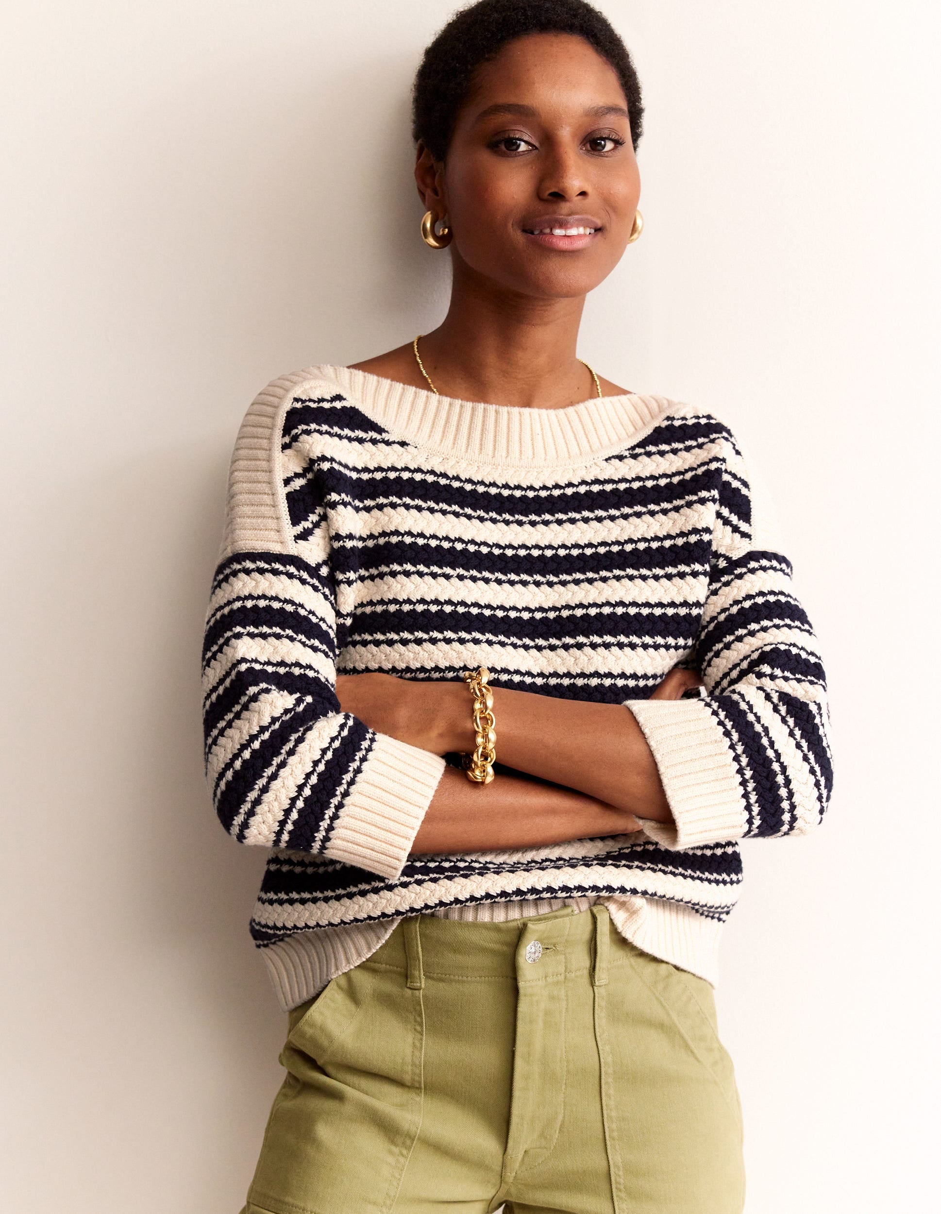 Textured Cotton Stripe Sweater-Navy, Ivory Textured Stripe-2
