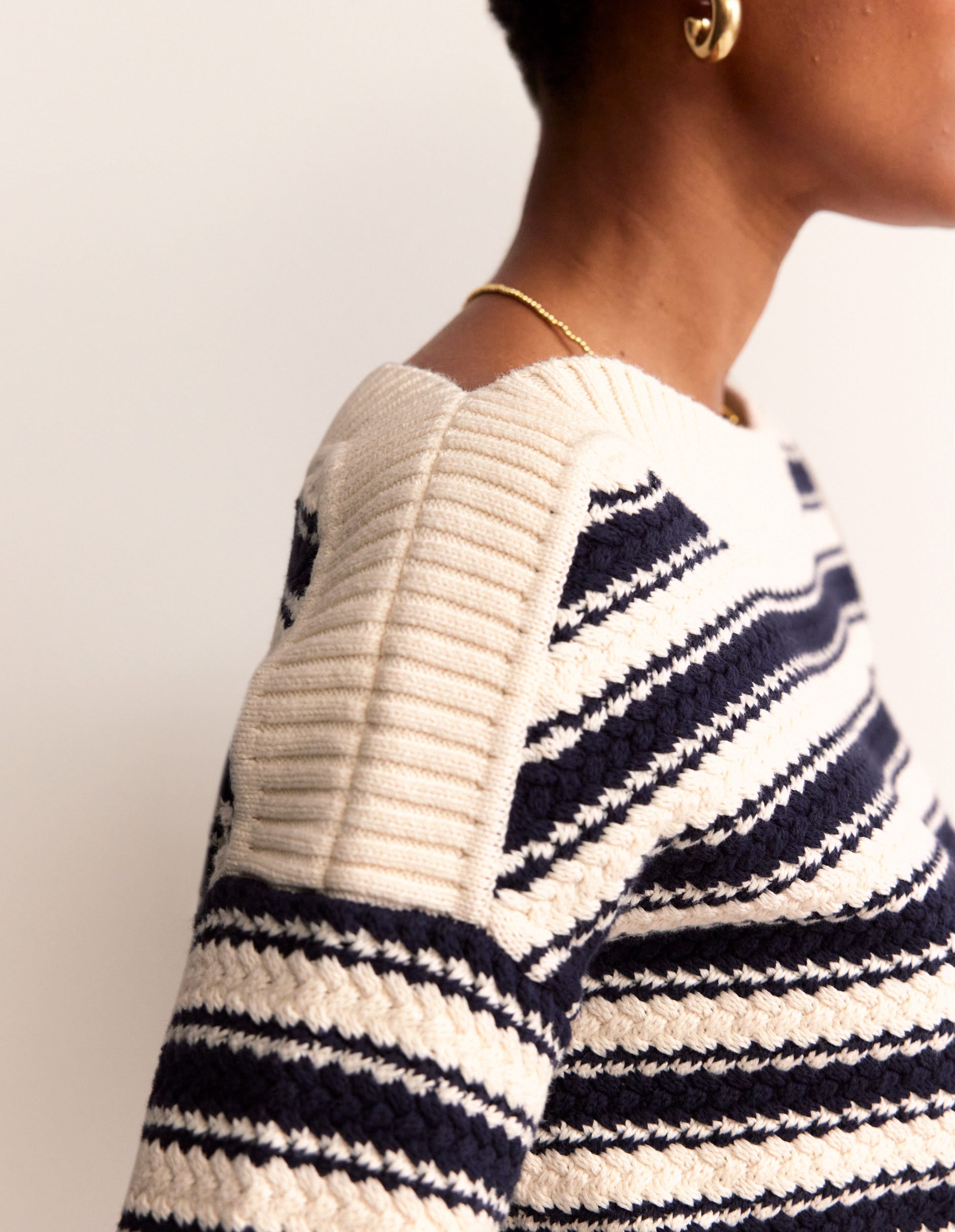 Textured Cotton Stripe Sweater-Navy, Ivory Textured Stripe-3