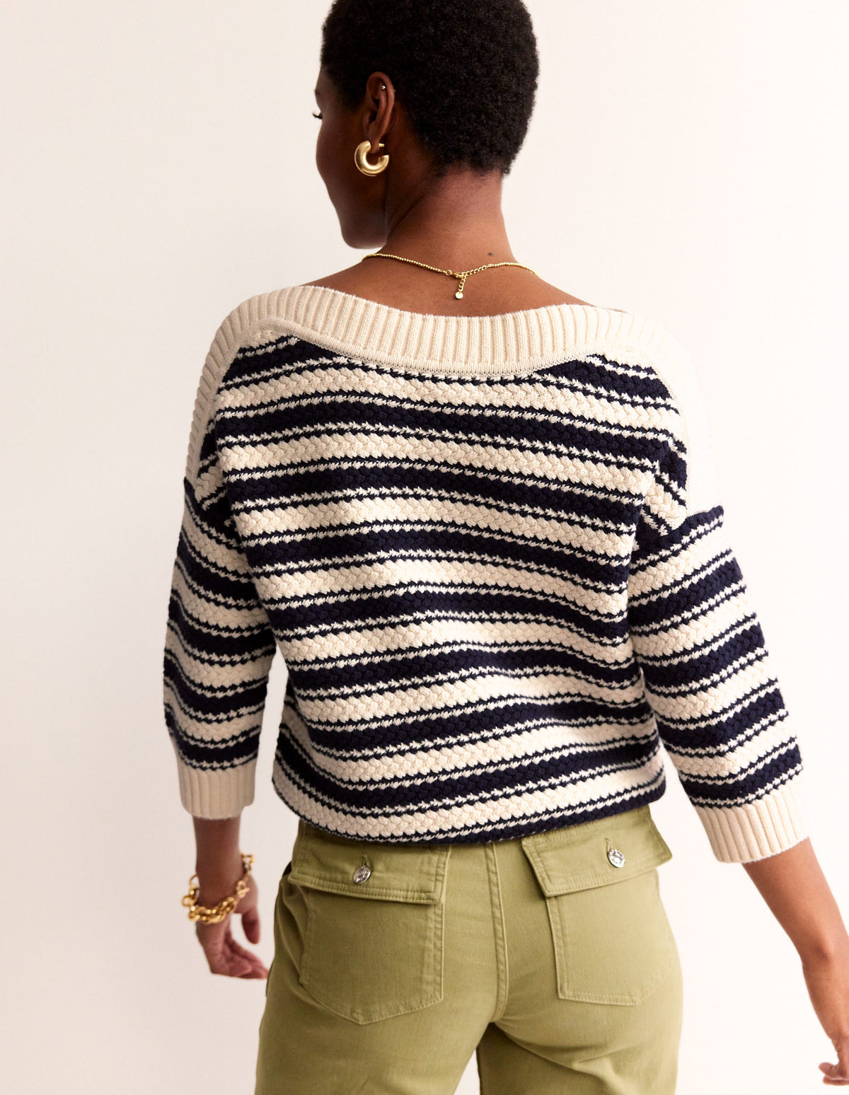 Textured Cotton Stripe Sweater-Navy, Ivory Textured Stripe-4
