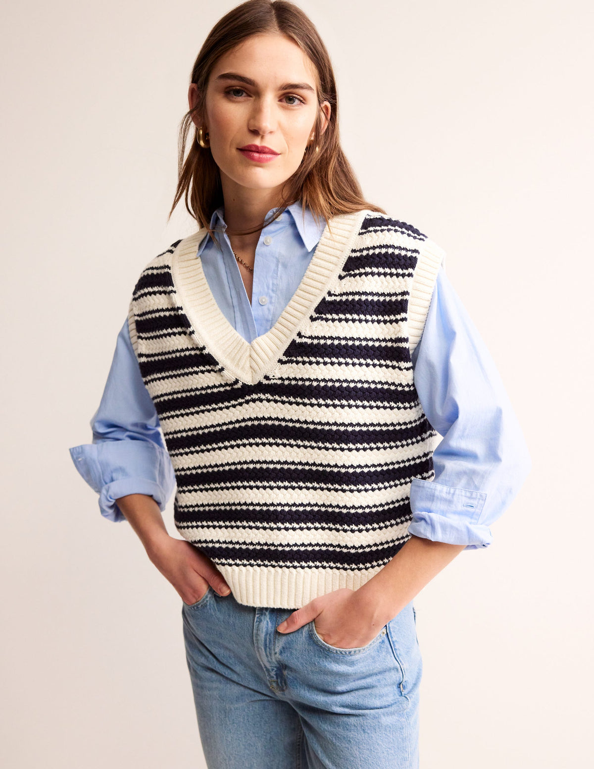 Textured Cotton Stripe Vest-Navy, Ivory Textured Stripe - Image 1