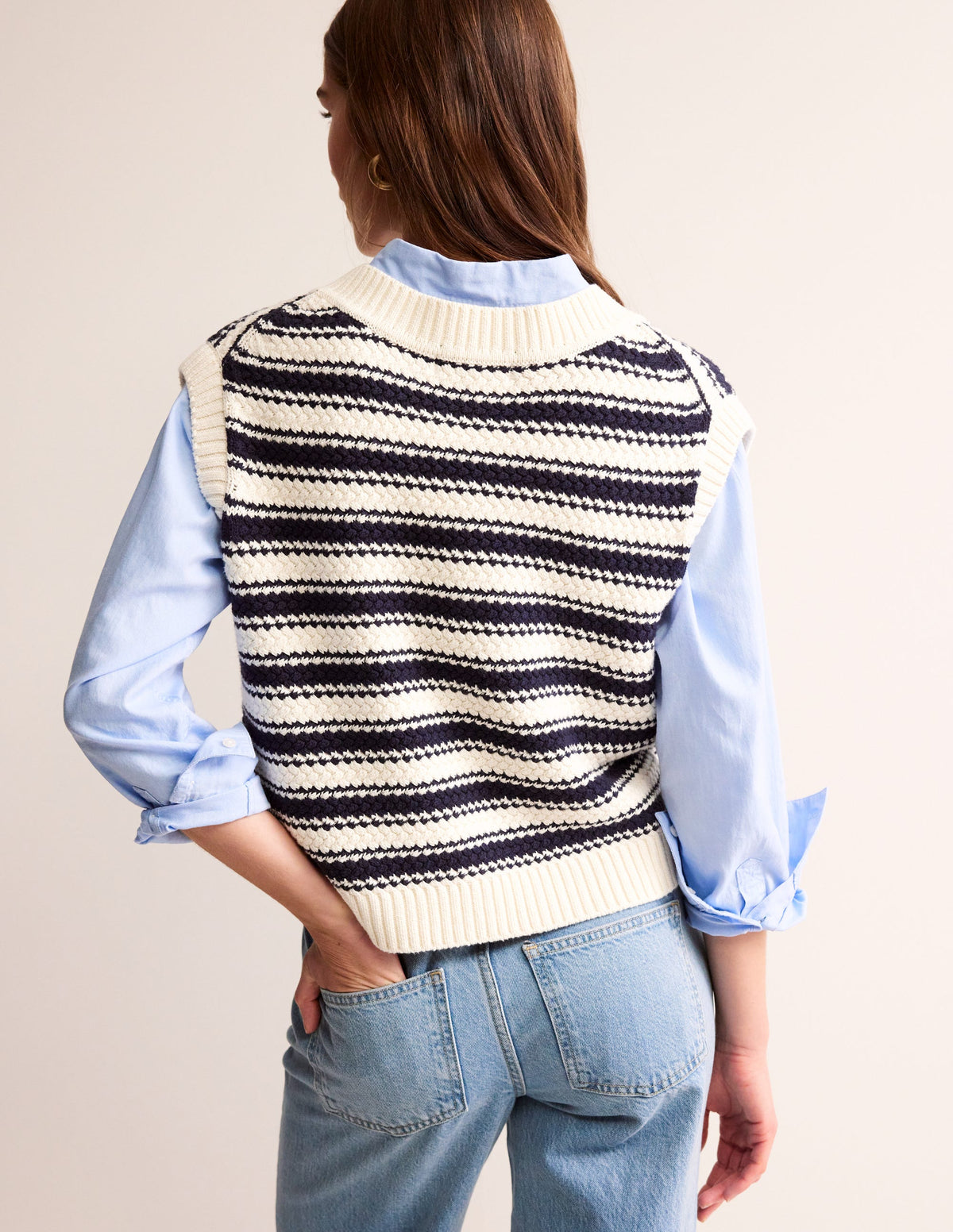 Textured Cotton Stripe Vest-Navy, Ivory Textured Stripe-3
